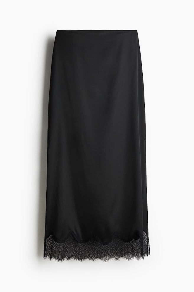 Lace-Trimmed Satin Skirt - Black - 1