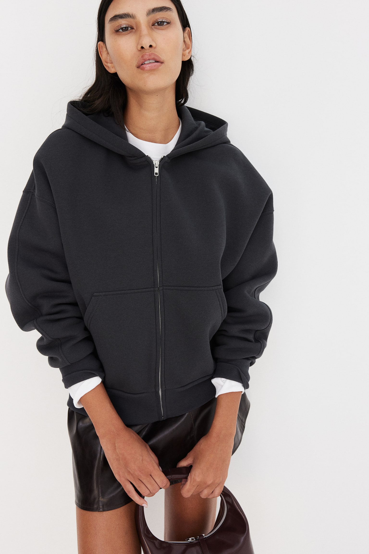 Oversized zip-through hoodie - Dark grey/Burgundy/Light beige/Light dusty pink - 4