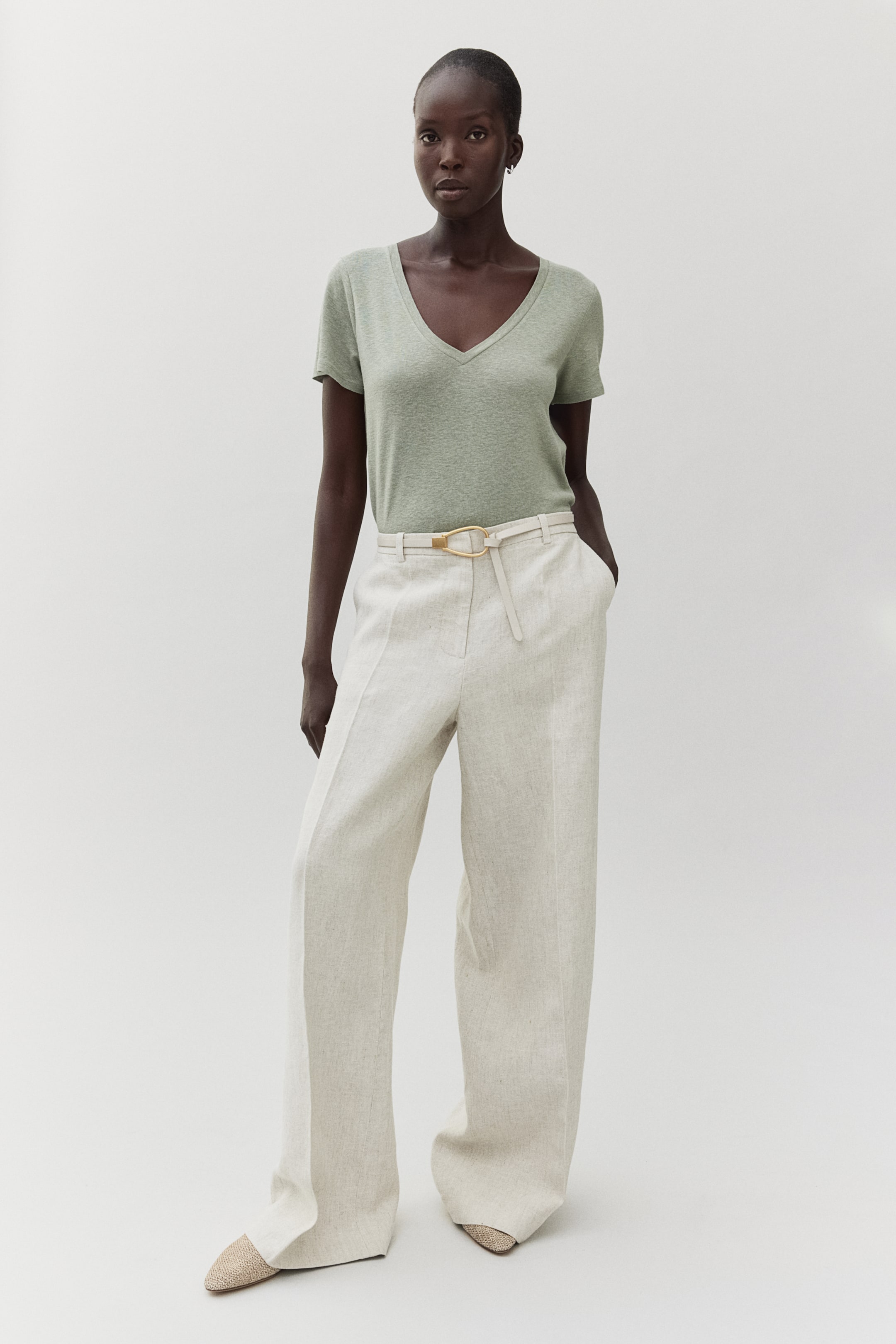 Linen-blend T-shirt - Light khaki green - Ladies | H&M US