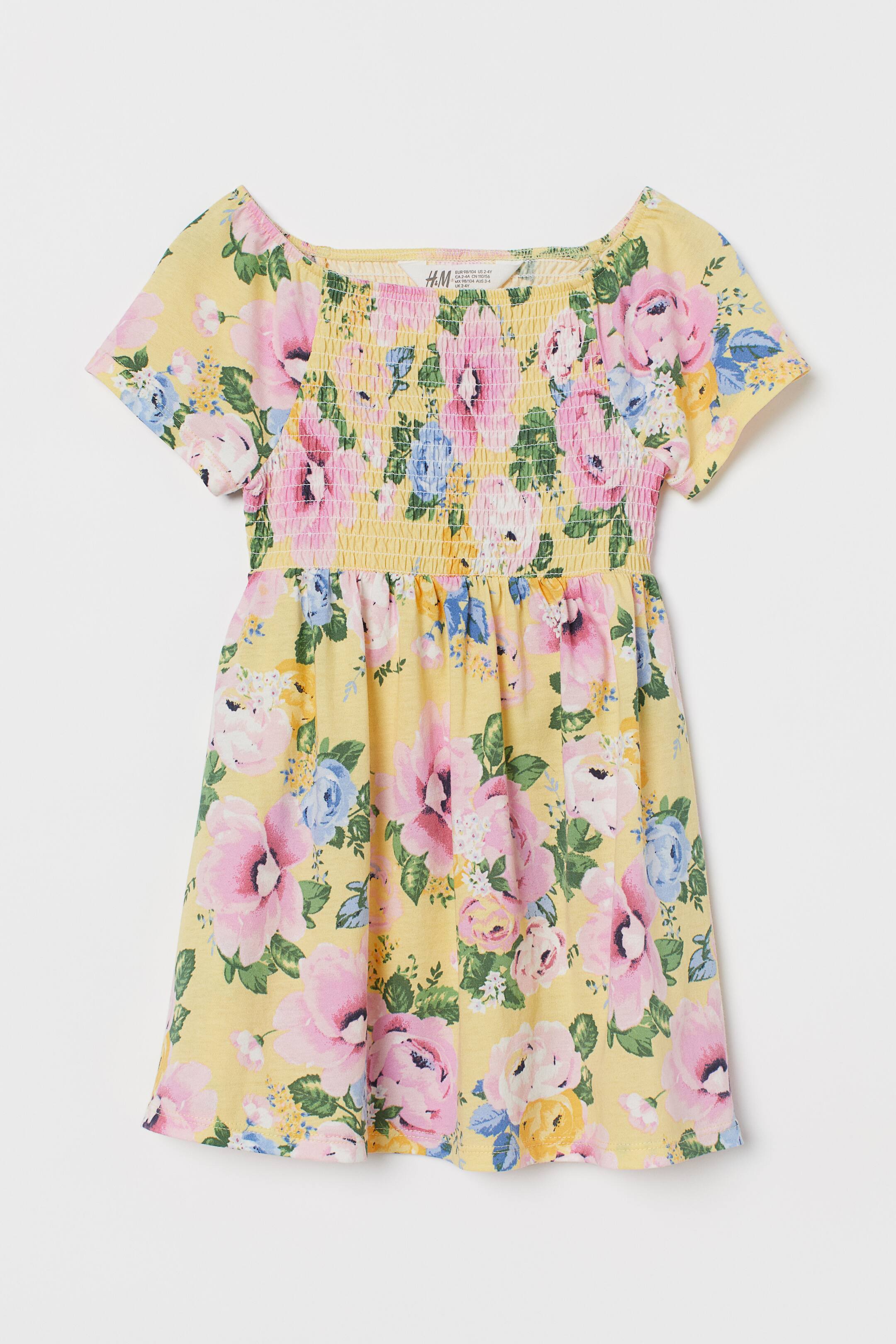 Smocked dress - Square neckline - Short sleeve - Light yellow/Floral ...