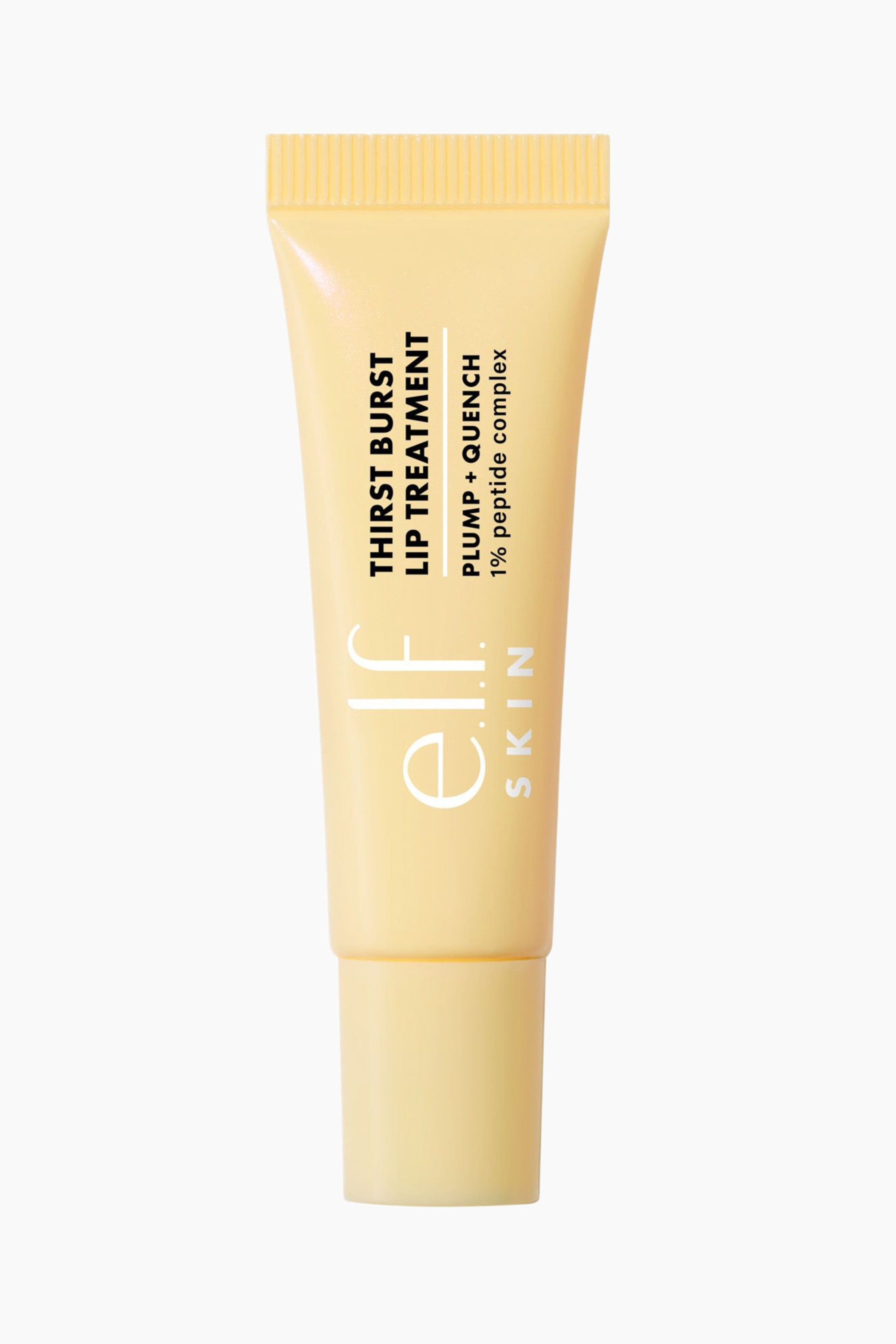 Visa större bild: Ett blekgult e.l.f. SKIN Thirst Burst Lip Treatment-rör står upprätt, riktat rakt framåt, och har en veckad topp med vertikala räfflor samt en cylindrisk kork i botten. Röret visar svart text, inklusive 'e.l.f. SKIN' vertikalt till vänster, 'THIRST BURST LIP TREATMENT' i mitten och 'PLUMP + QUENCH 1% peptide complex' till höger.