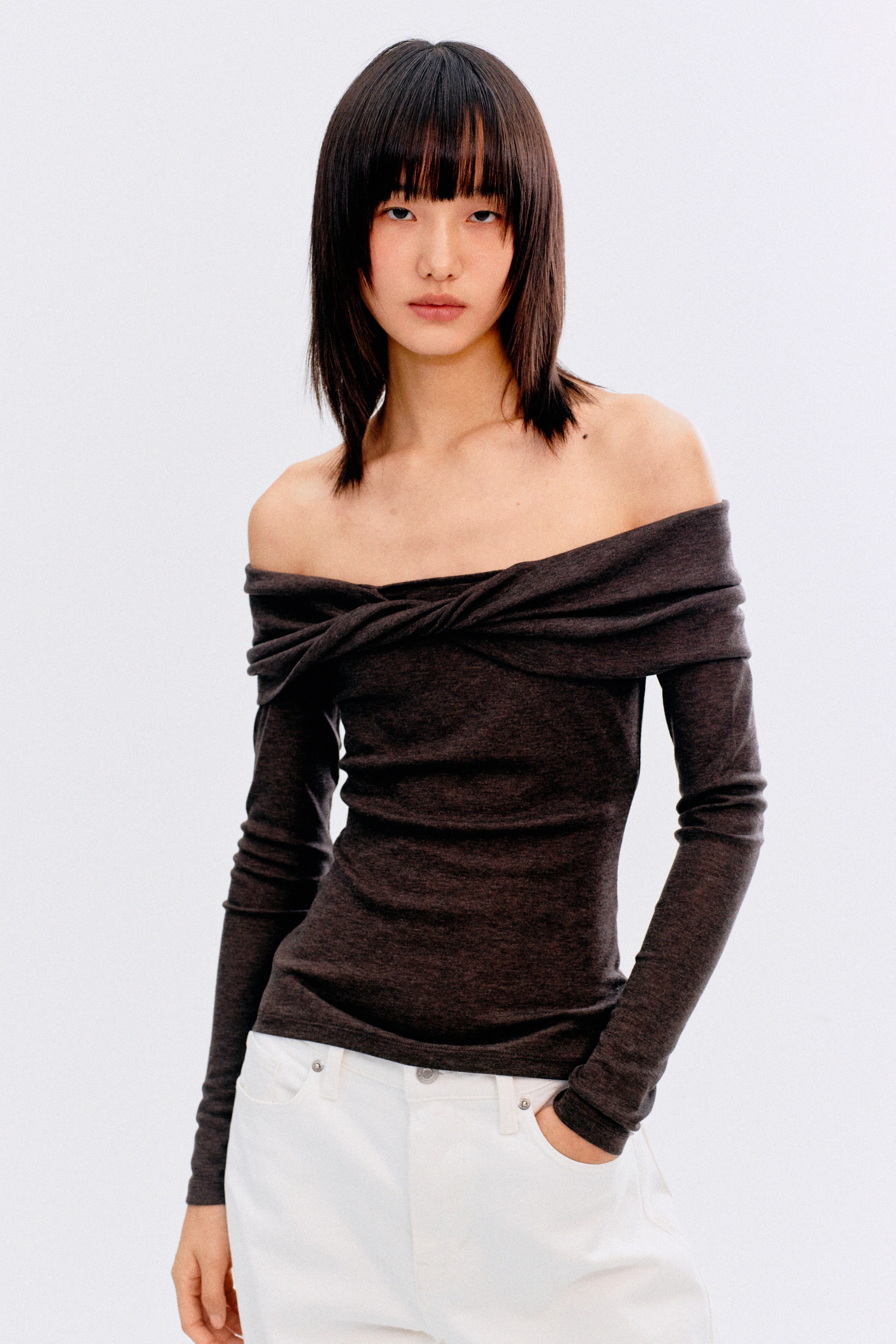 Fine-Knit Off-the-Shoulder Top - Dark brown/Dark gray melange