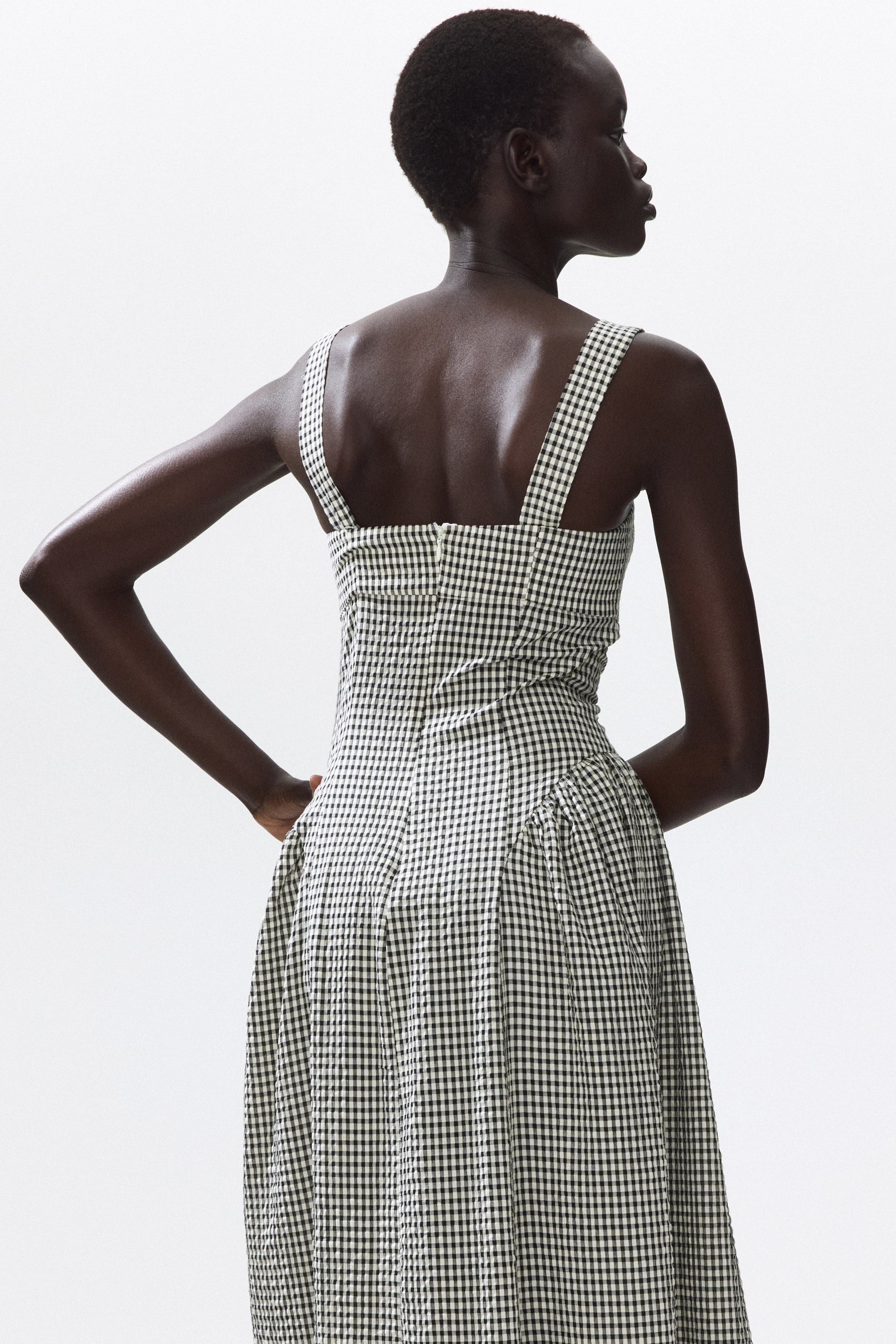 Größeres Bild anzeigen: Ein schwarz-weiß kariertes Gingham-Kleid zeigt seine Rückansicht, mit dünnen Trägern, einem taillierten Oberteil mit sichtbarem Reißverschluss in der hinteren Mitte und einem vollen Rock, der an der Taille gerafft ist.
