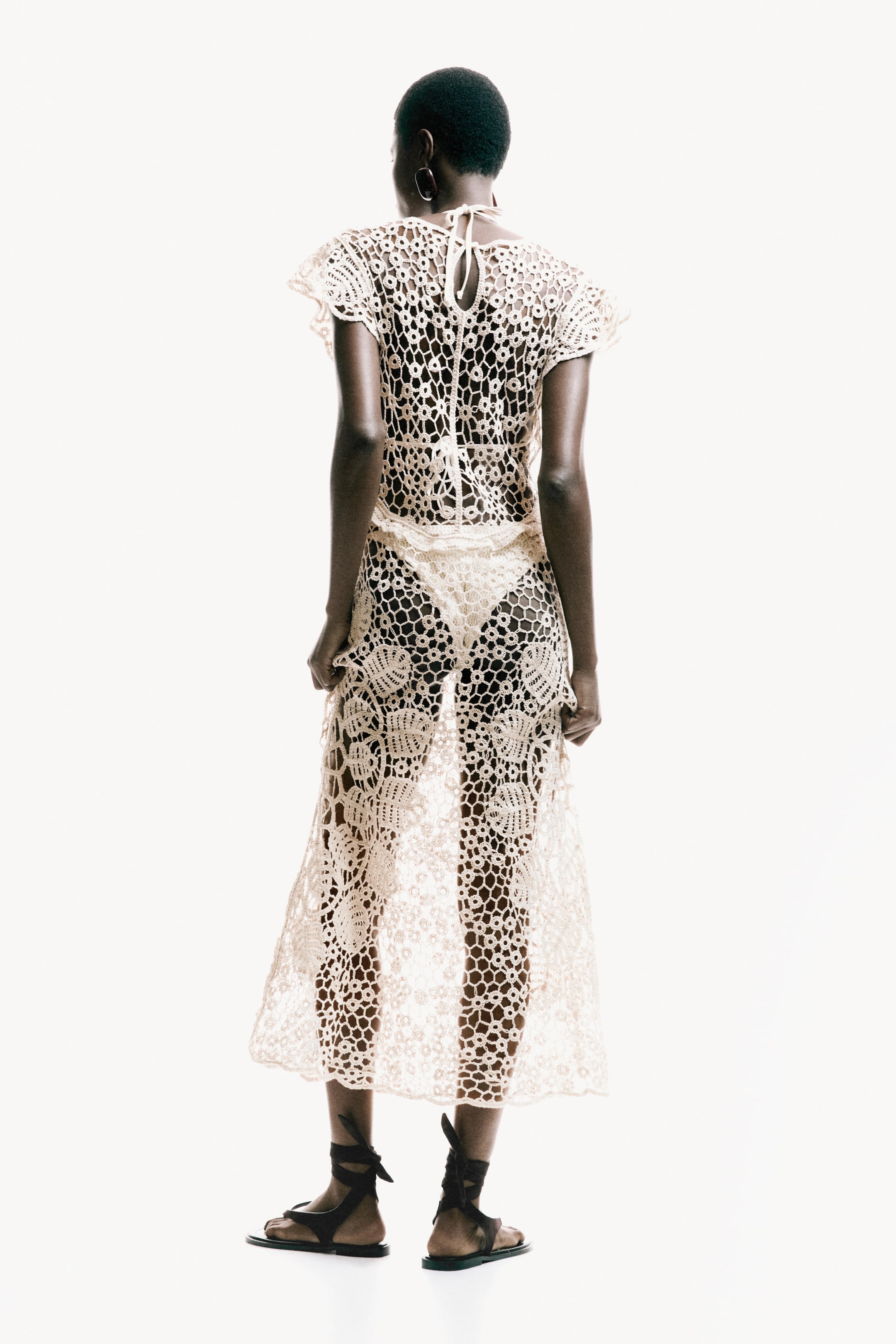Flutter-Sleeved Crochet-Look Dress
