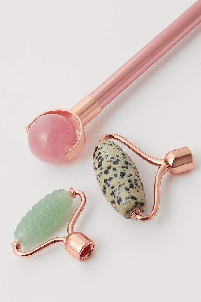 Face roller with three interchangeable stones - Rose quartz