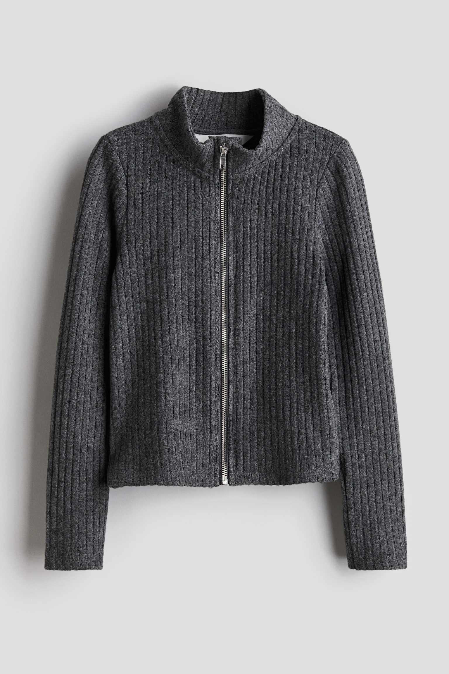 Rib Zip Up Cardigan - Dark grey marle/White - 1