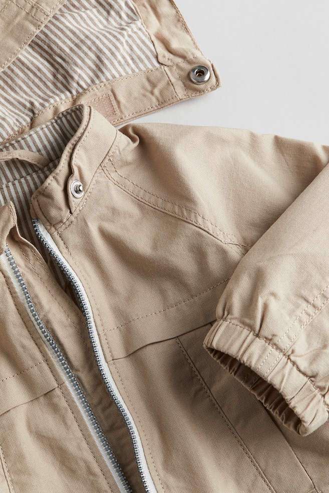 Hooded cotton jacket - Beige/White/Grey-striped - 2