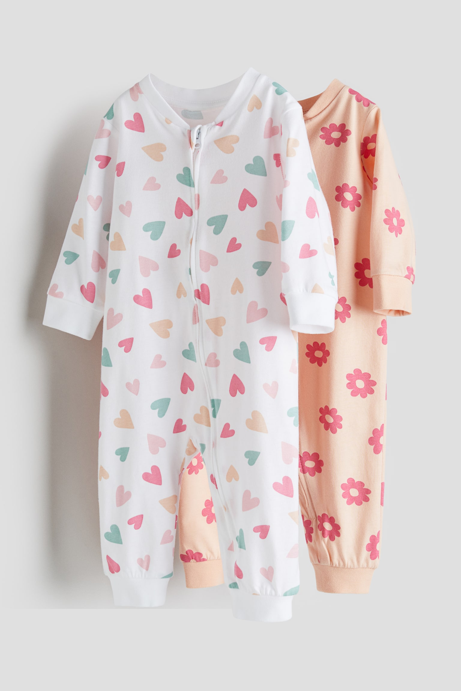 2-pack Pattern Cotton Pyjamas - White/Hearts/Light green/Clouds/White/Ladybugs/Light greige/Animals/White/Elephants/Mole/Pandas/Green/Stripe/Dark blue/Clouds/Light purple/Hearts/Dark grey/Dogs/Light dusty green/Giraffes/Dark blue/Stars/Light greige/Animals/Blue/Space/Pink/Clouds/Dark blue/Floral - 1