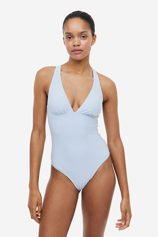 Padded-cup swimsuit - Light blue/Striped/Black - 1
