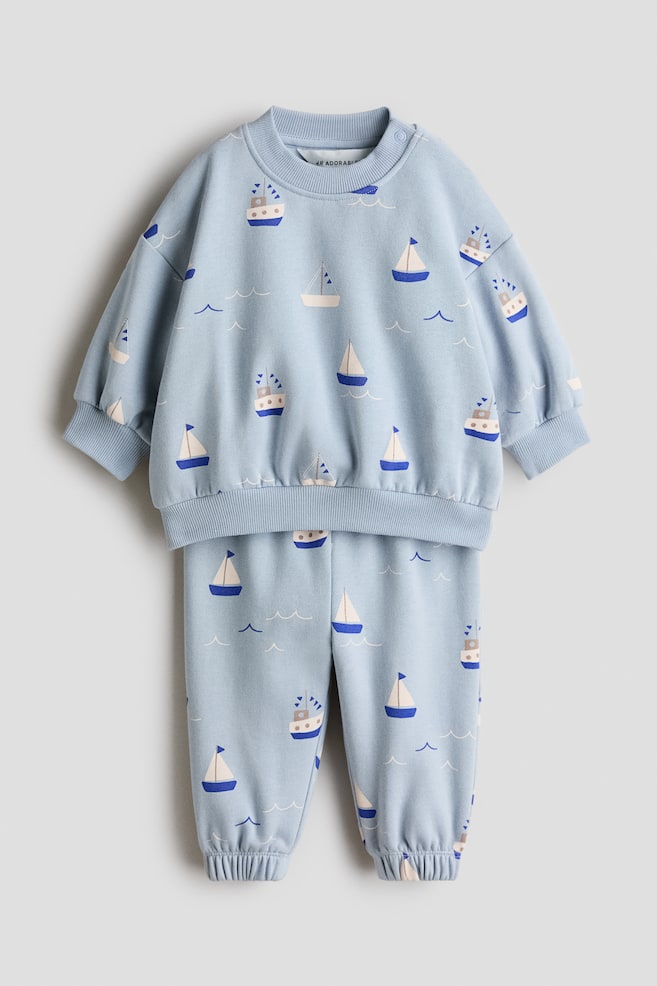 2-piece Cotton Sweatshirt Set - Light blue/sailboats - 1