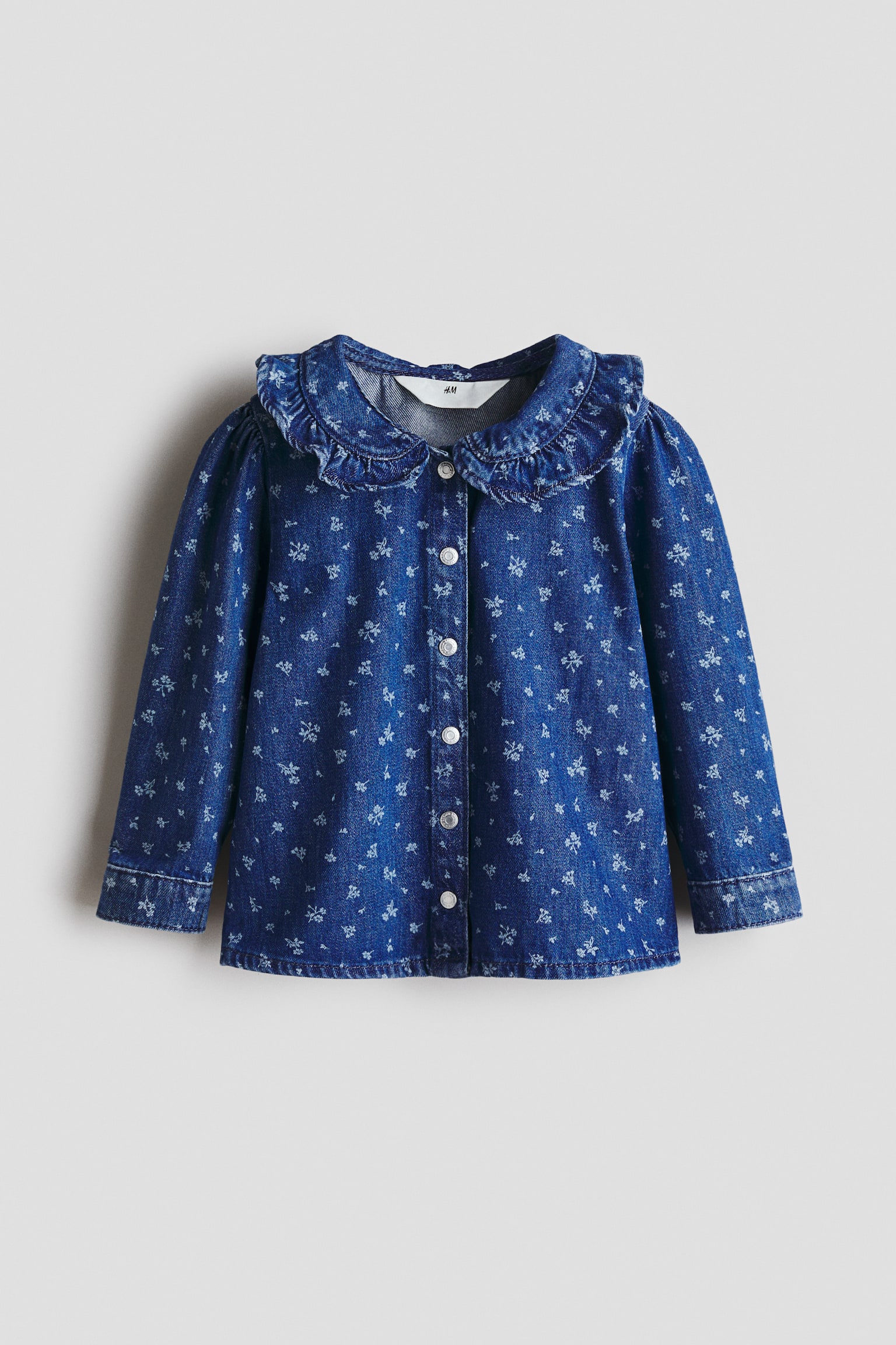 Frill-collar denim blouse - Denim blue/Floral