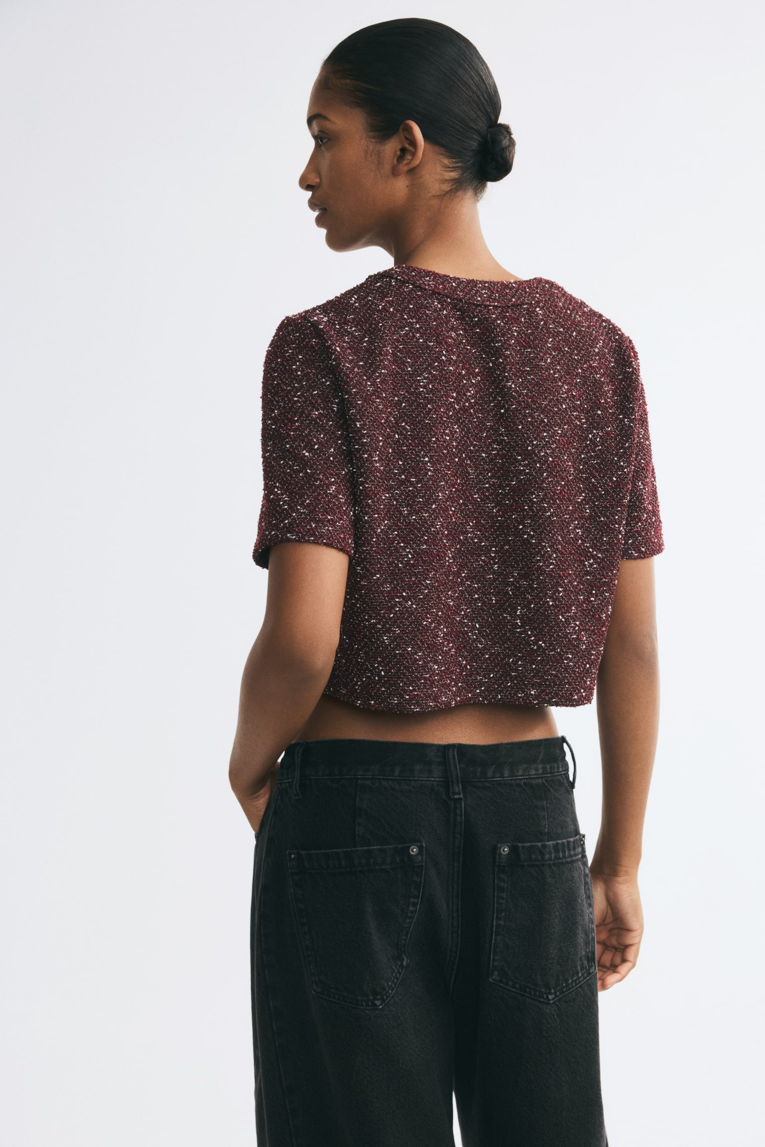 Женский кардиган H&M Short-Sleeved Bouclé-Knit, цвет: Бордовый — фото 5