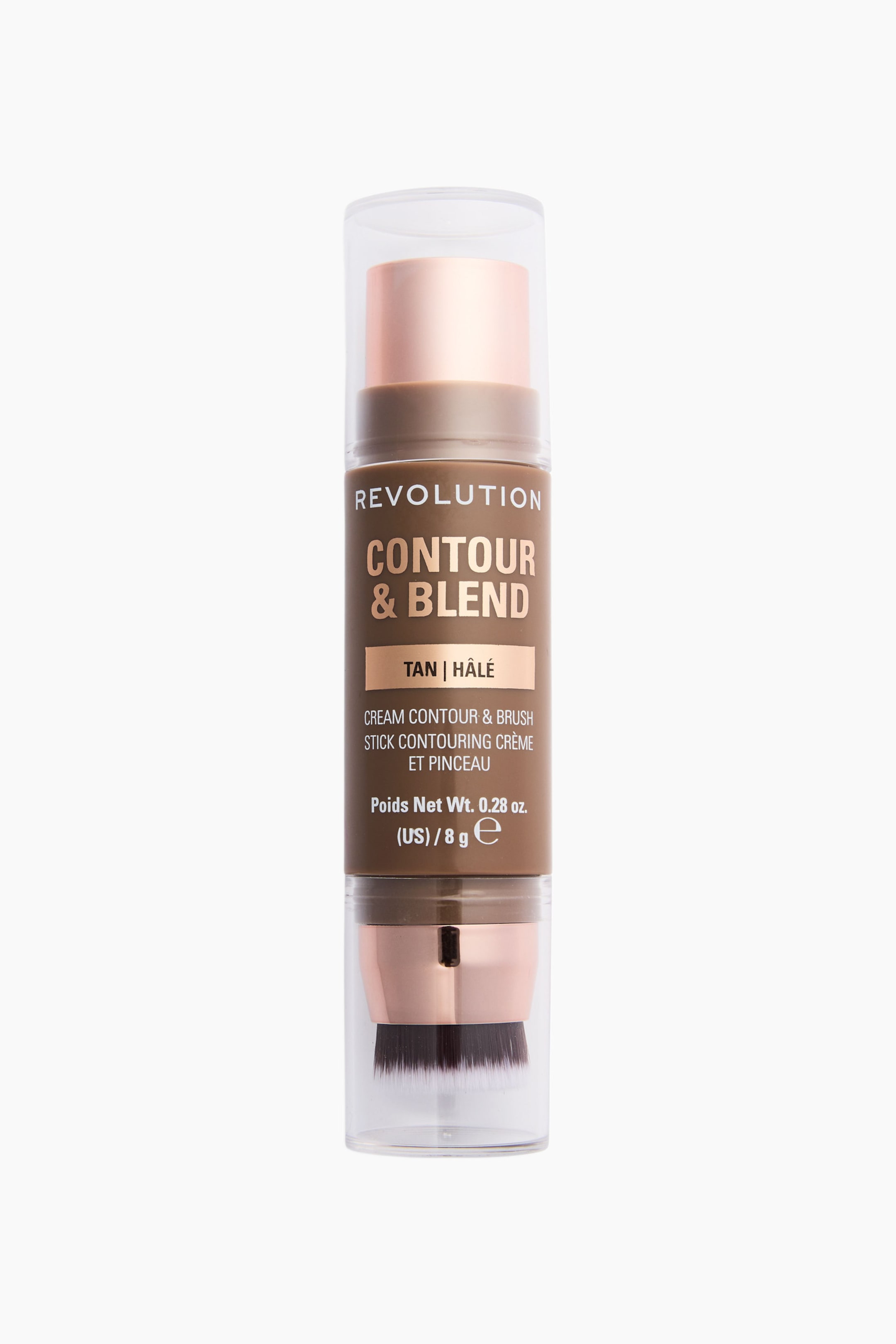 Visa större bild: Revolution Contour & Blend-stickan står upprätt och har en cylindrisk design med dubbla ändar och klara korkar i båda ändar. Den övre änden visar ett roseguldfärgat vridbart hölje, medan den nedre änden rymmer en inbyggd blendingborste med svartvita syntetiska strån. Den bruna mittdelen visar produkt- och nyansmärkningen i vit och metallisk tryckfärg.
