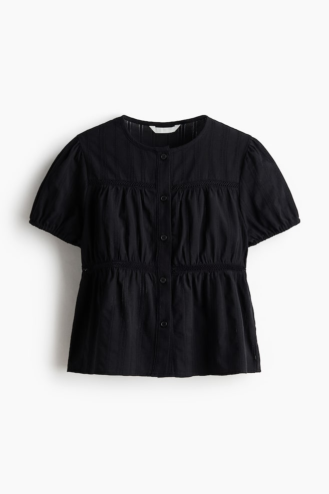 Puff-sleeved cotton blouse - Black/Cream - 1