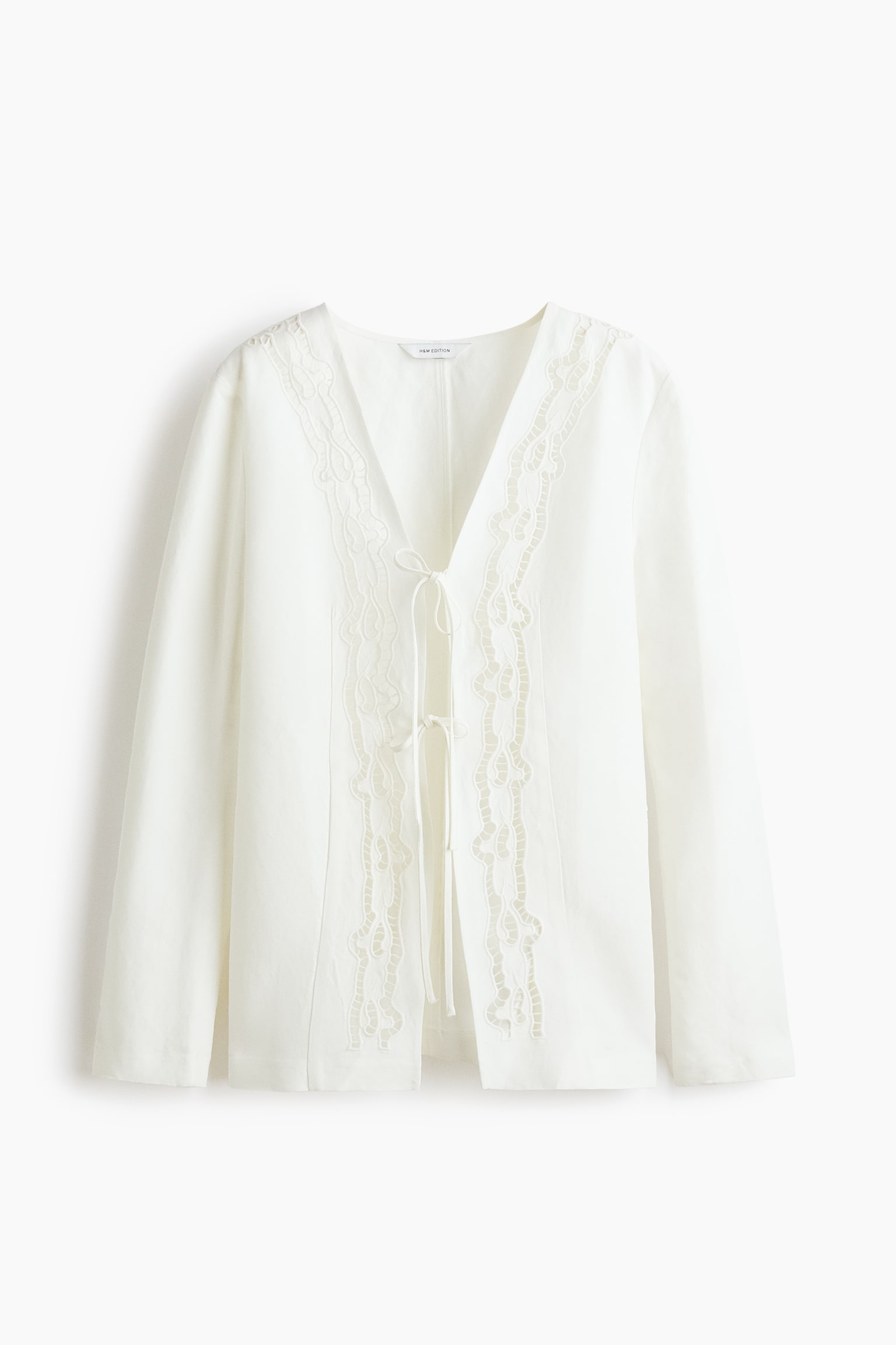 Blazer i linmix med knytband - Vit - 1