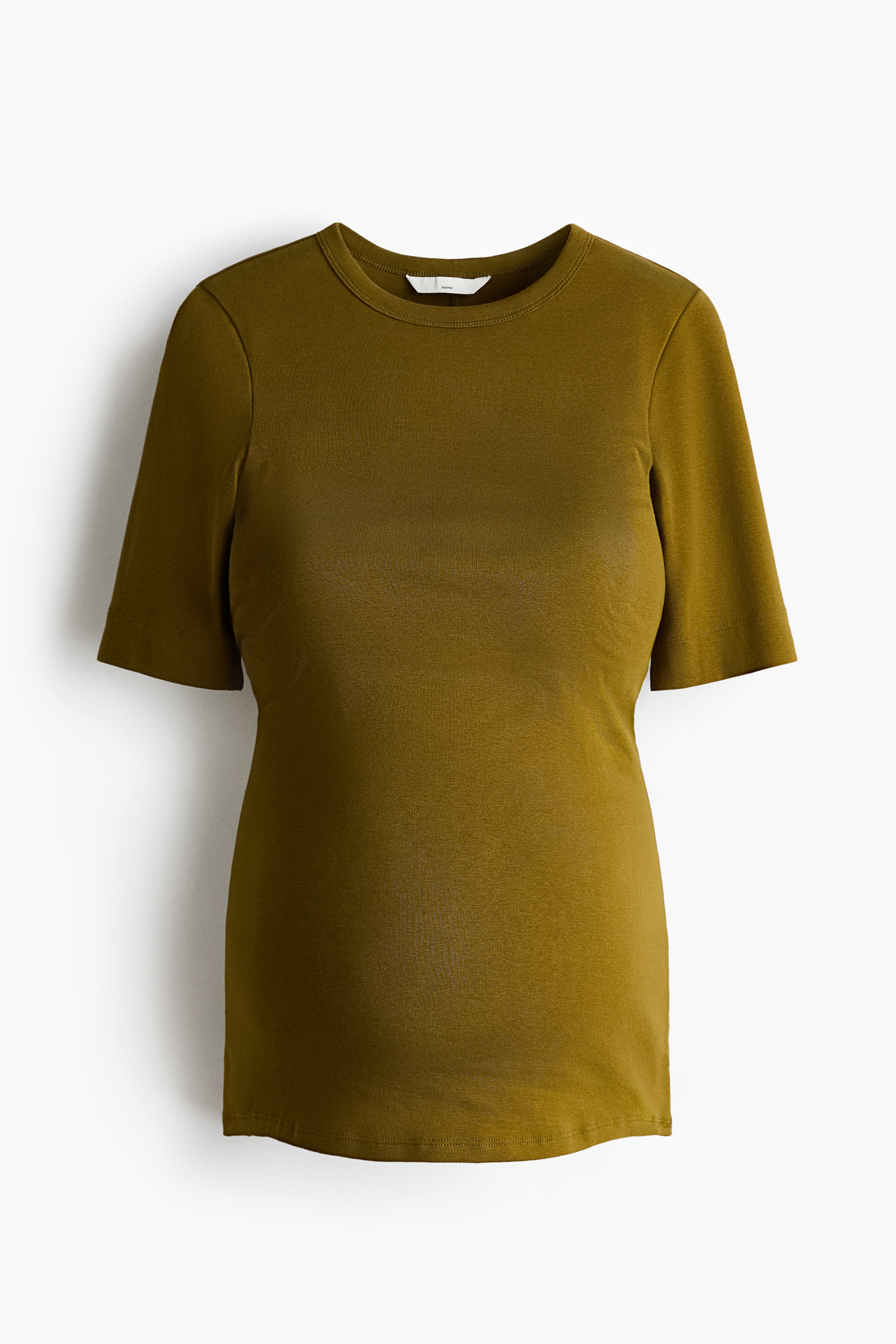 View larger image: "The fitted olive green T-shirt, crafted from soft cotton jersey, showcases its front view, featuring a crew neck and short sleeves."