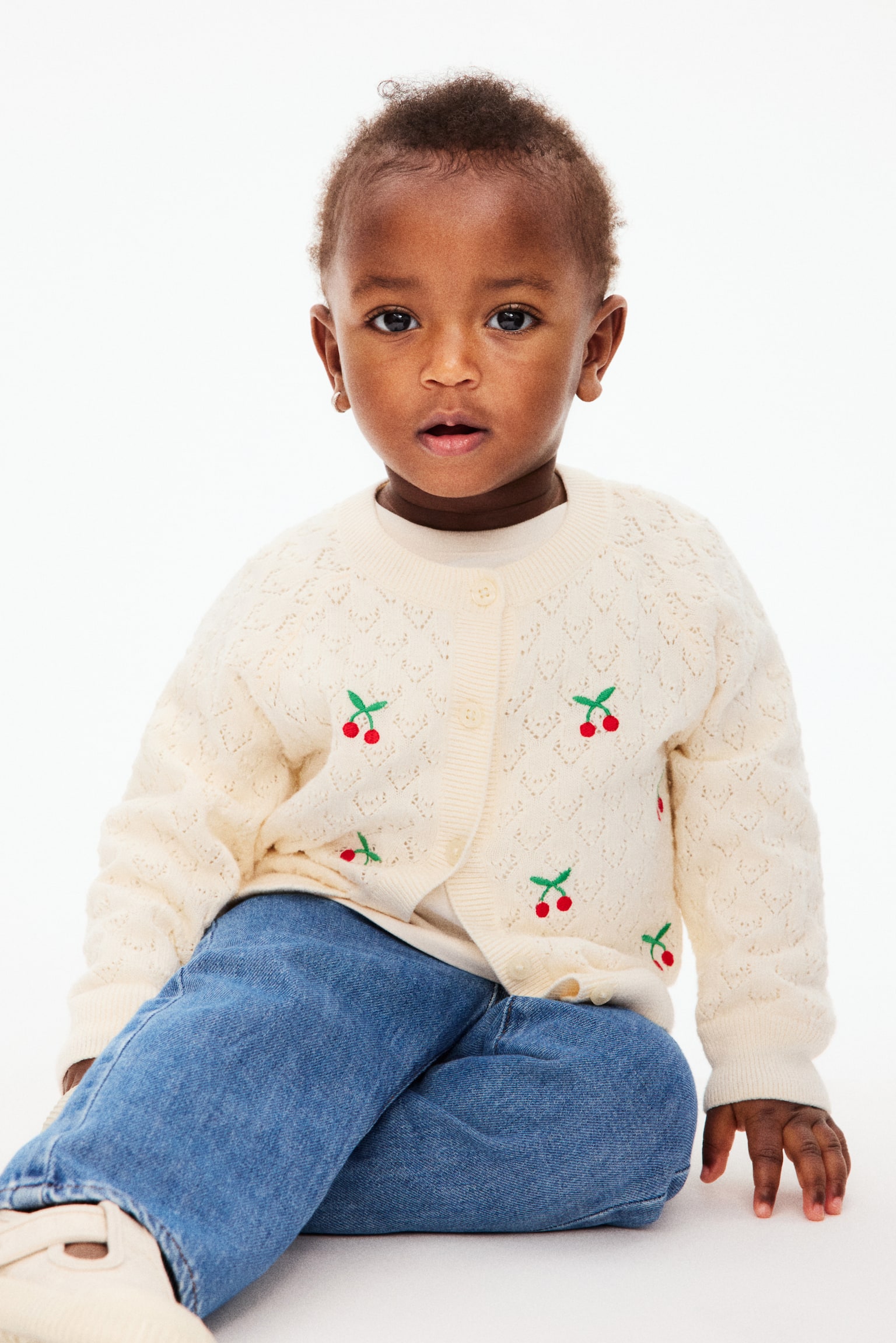 Embroidery-detail cardigan - Light beige/Cherries - 1