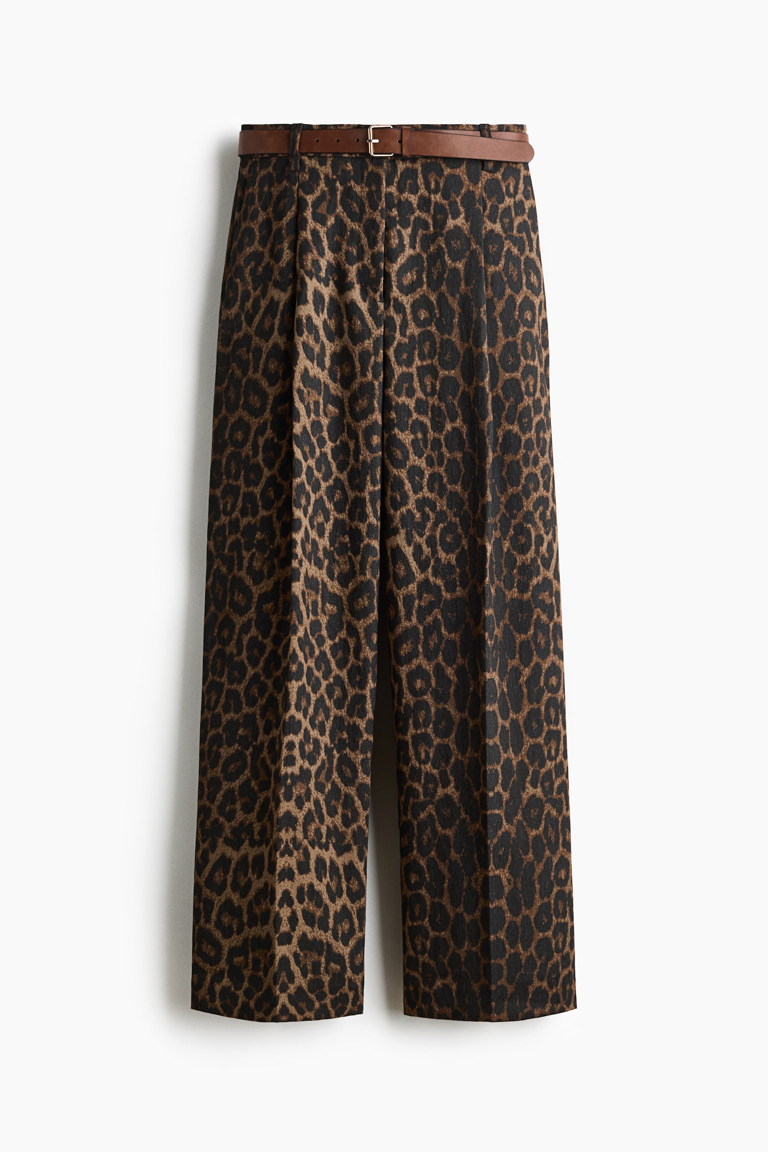 Wide-Leg Pants with Belt - Brown/leopard print/Dark red