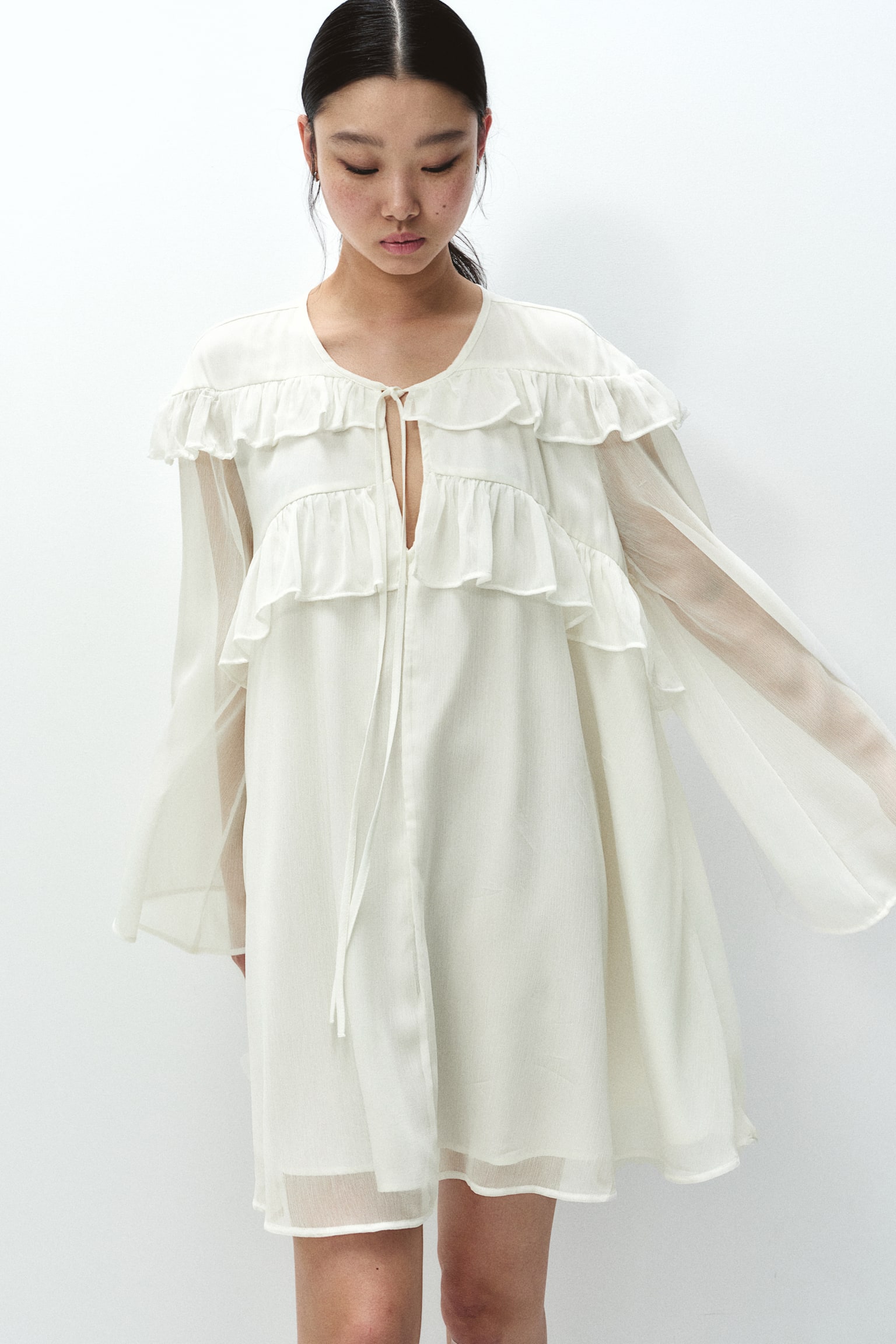 Frill-trimmed chiffon tunic dress - Cream/Dark brown/Floral - 5