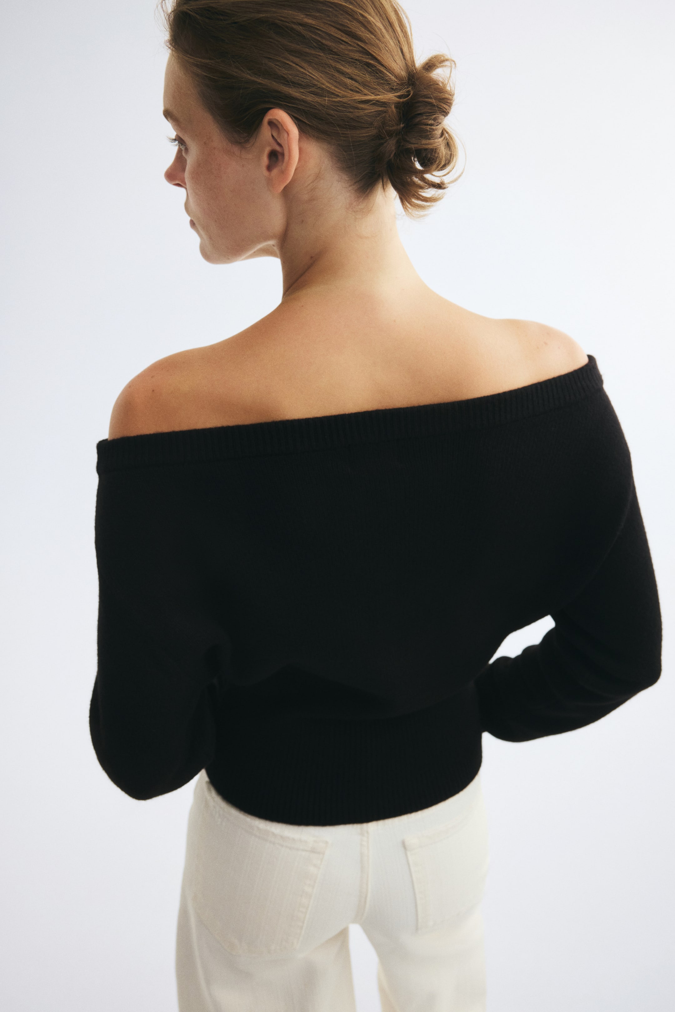 Bouclé-Knit Off-the-Shoulder Cardigan