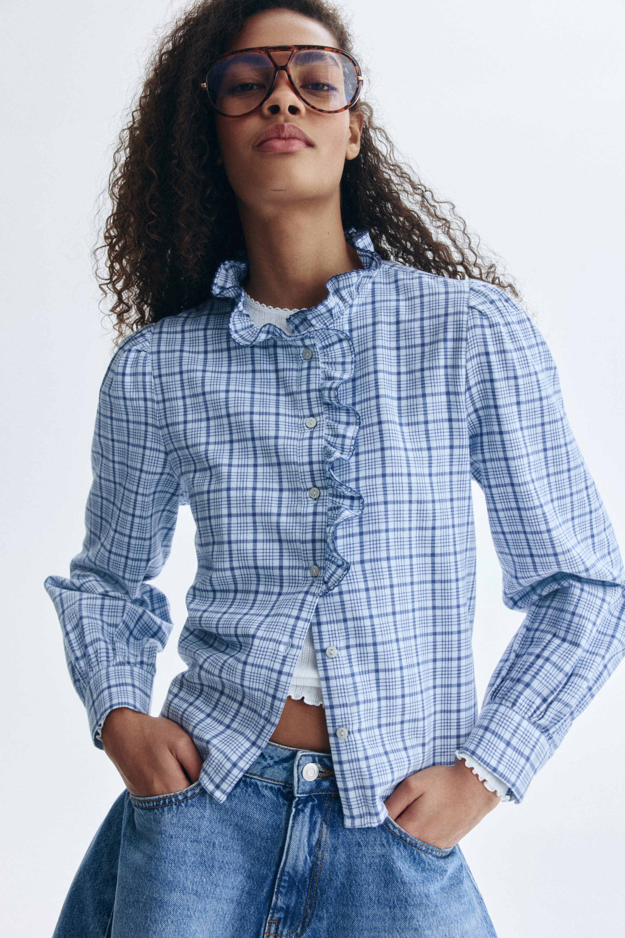 View larger image: Frill-collared cotton blouse - Light blue/Checked - Ladies | H&M IN 2