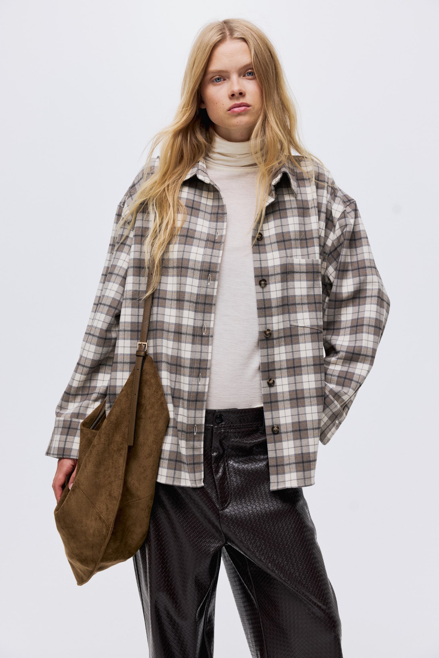 Oversized flannel shirt - Beige/Checked - 4