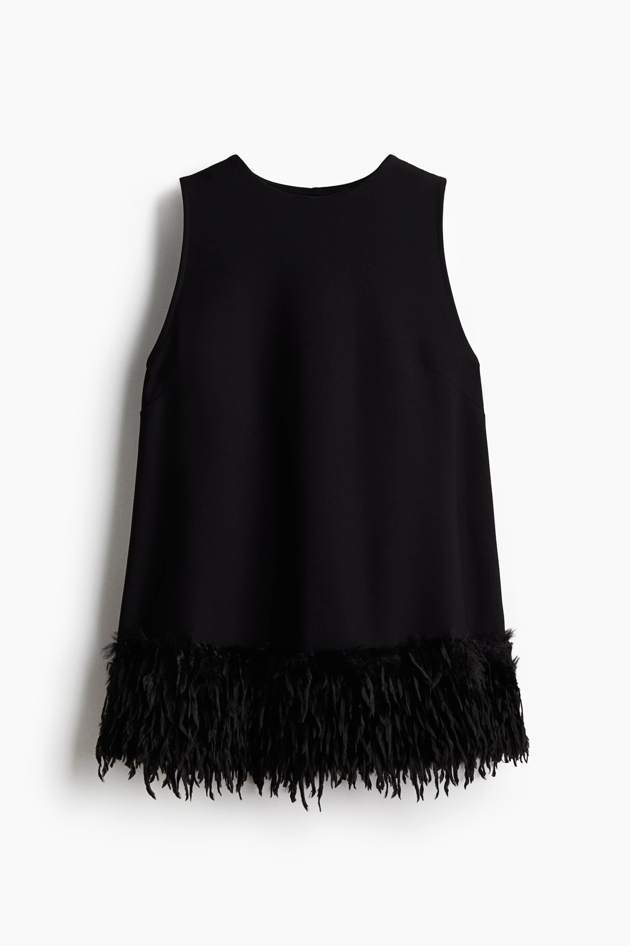 View larger image: A black sleeveless top is shown from the FRONT, presenting a round neckline and black feather trim along the bottom hem.
