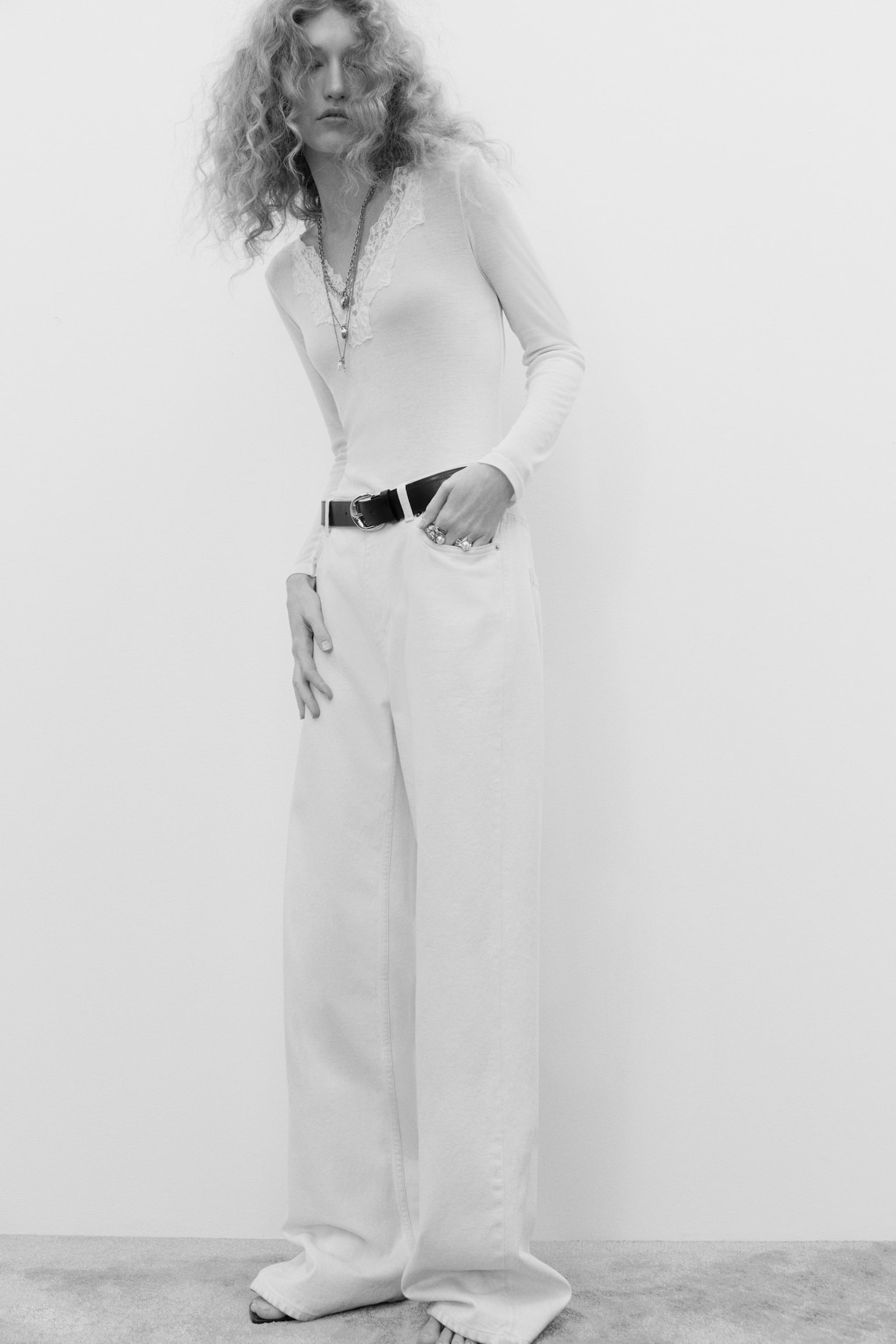 Lace-trimmed top - White/Dark brown/Dark grey marl - 3