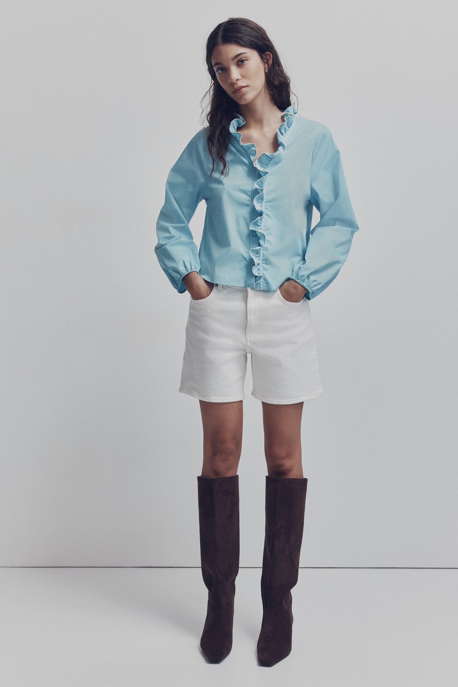 Blusa con olanes en popelina de algodón - Azul claro/Crema - 2