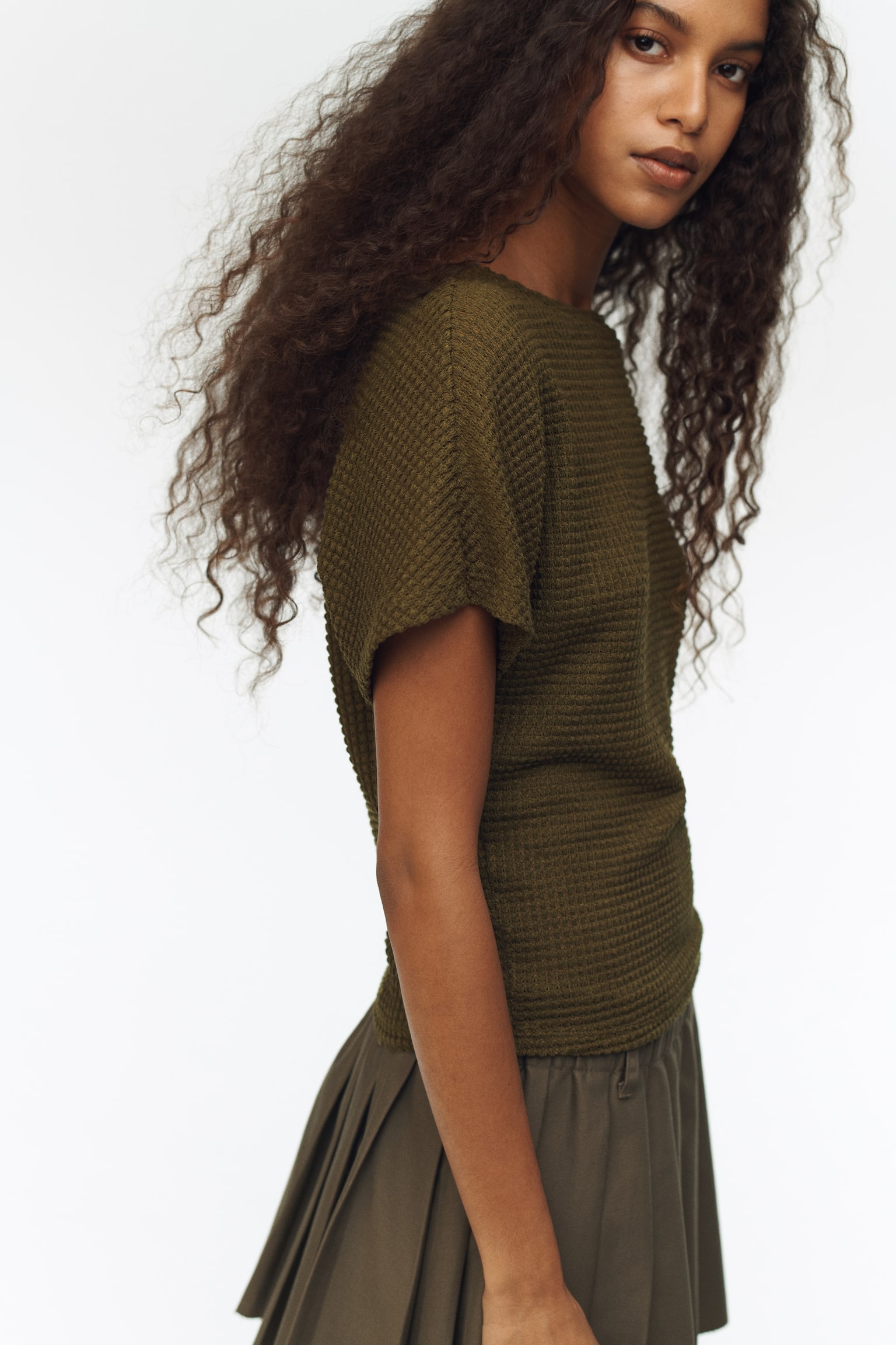 蝙蝠袖平紋上衣 - 深橄欖綠/黑色/白色 - 5