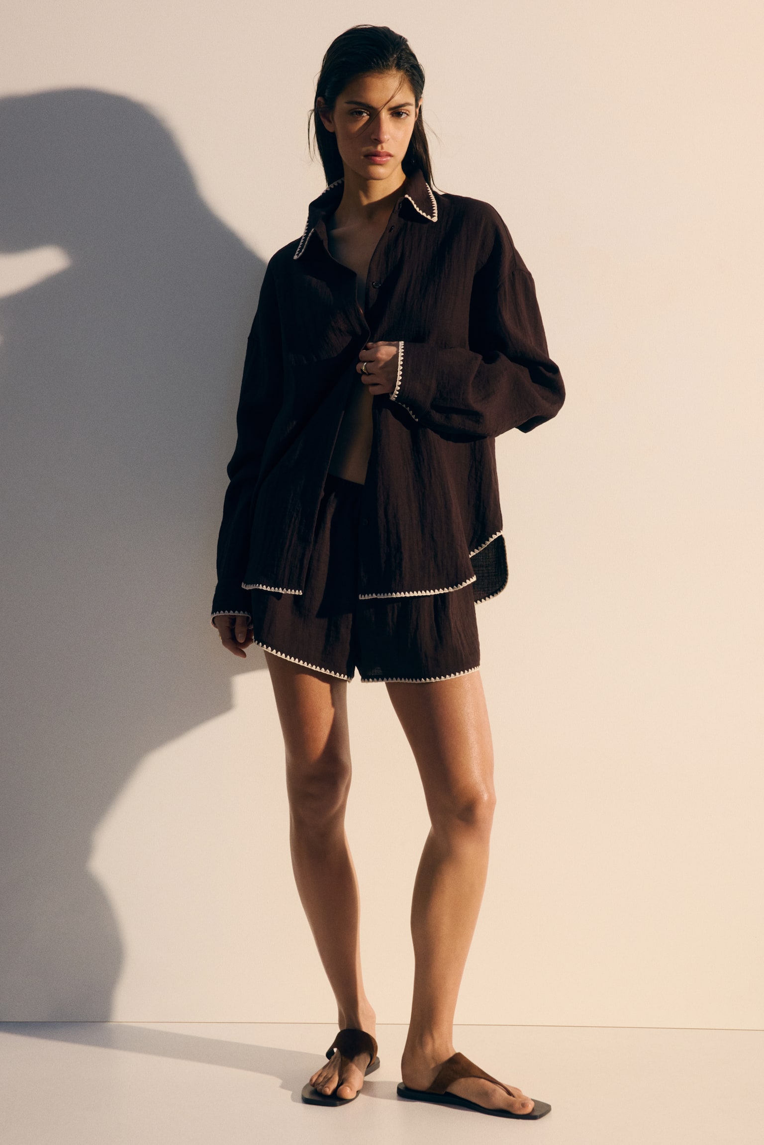 Chemise de plage grande taille - Brun foncé/Crème - 6