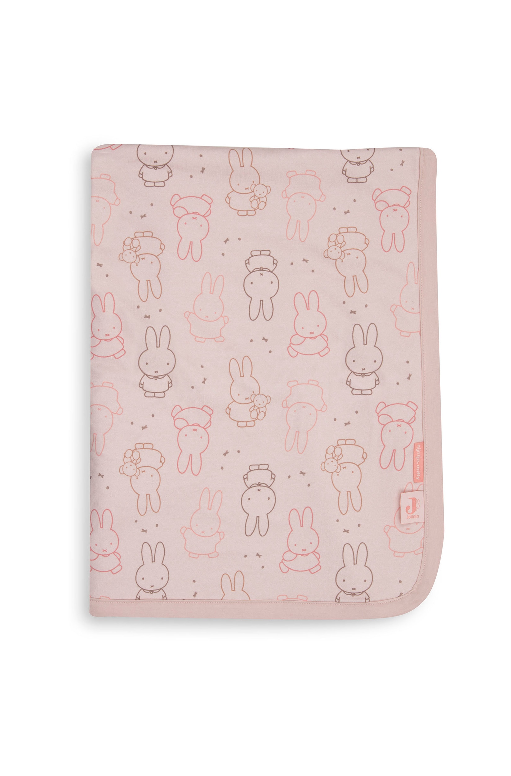 Une couverture pour bÃ©bÃ© rose pliÃ©e prÃ©sente, sur son envers lisse, un motif rÃ©pÃ©tÃ© de contours de lapins de dessin animÃ©. Le coin est repliÃ©, rÃ©vÃ©lant un revers en tissu Ã©ponge rose texturÃ© et une bordure en tissu rose uni le long des bords.