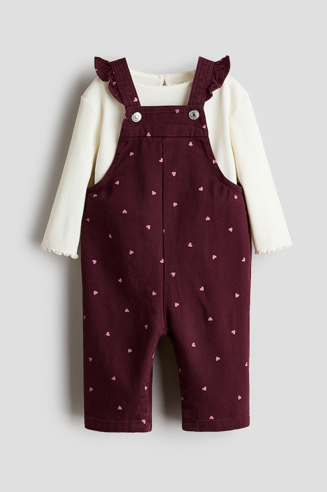 2-Piece Cotton Set - Dark plum red/hearts/Light beige/floral - 1