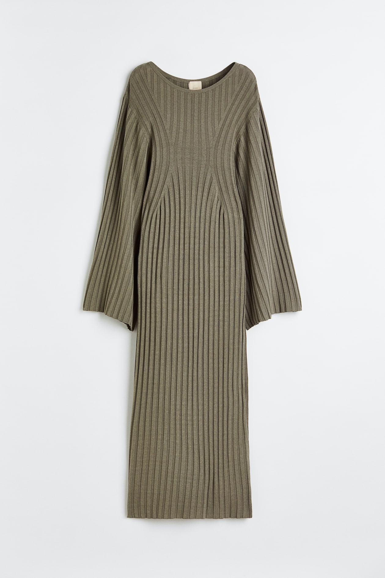 Silk-blend Rib-knit Dress - Boat Neck - Extra-long sleeve - Khaki green ...