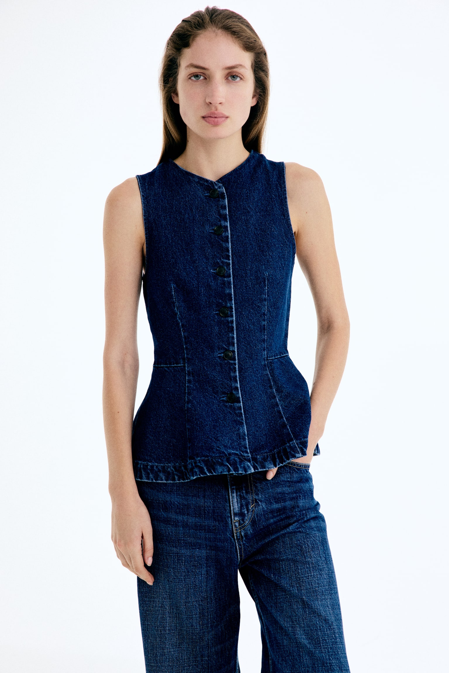 Женский жилет H&M Peplum Vest, цвет: Тёмный джинсовый синий — фото 3