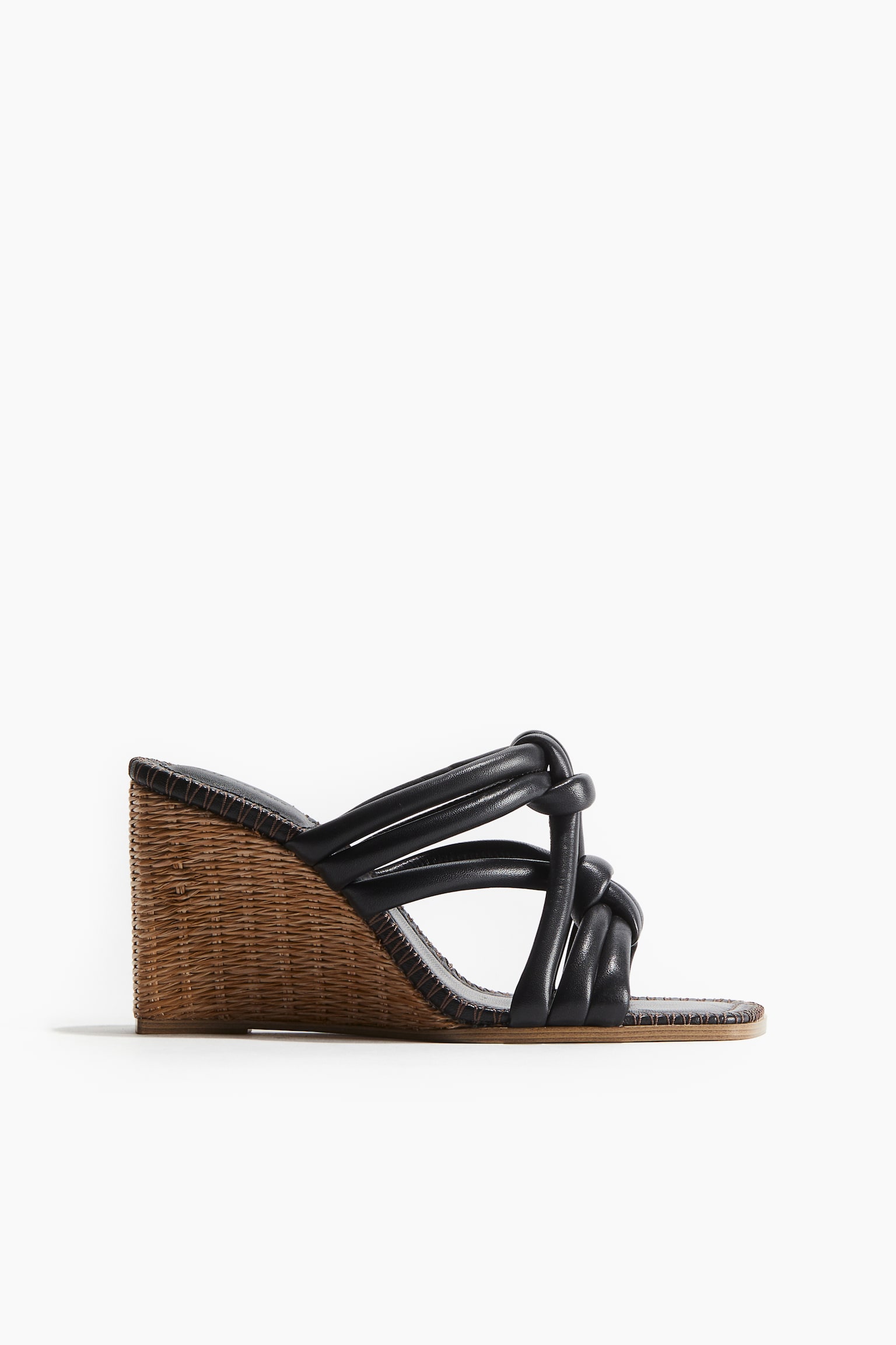 Wedge Heel Leather Sandals - Black - 1