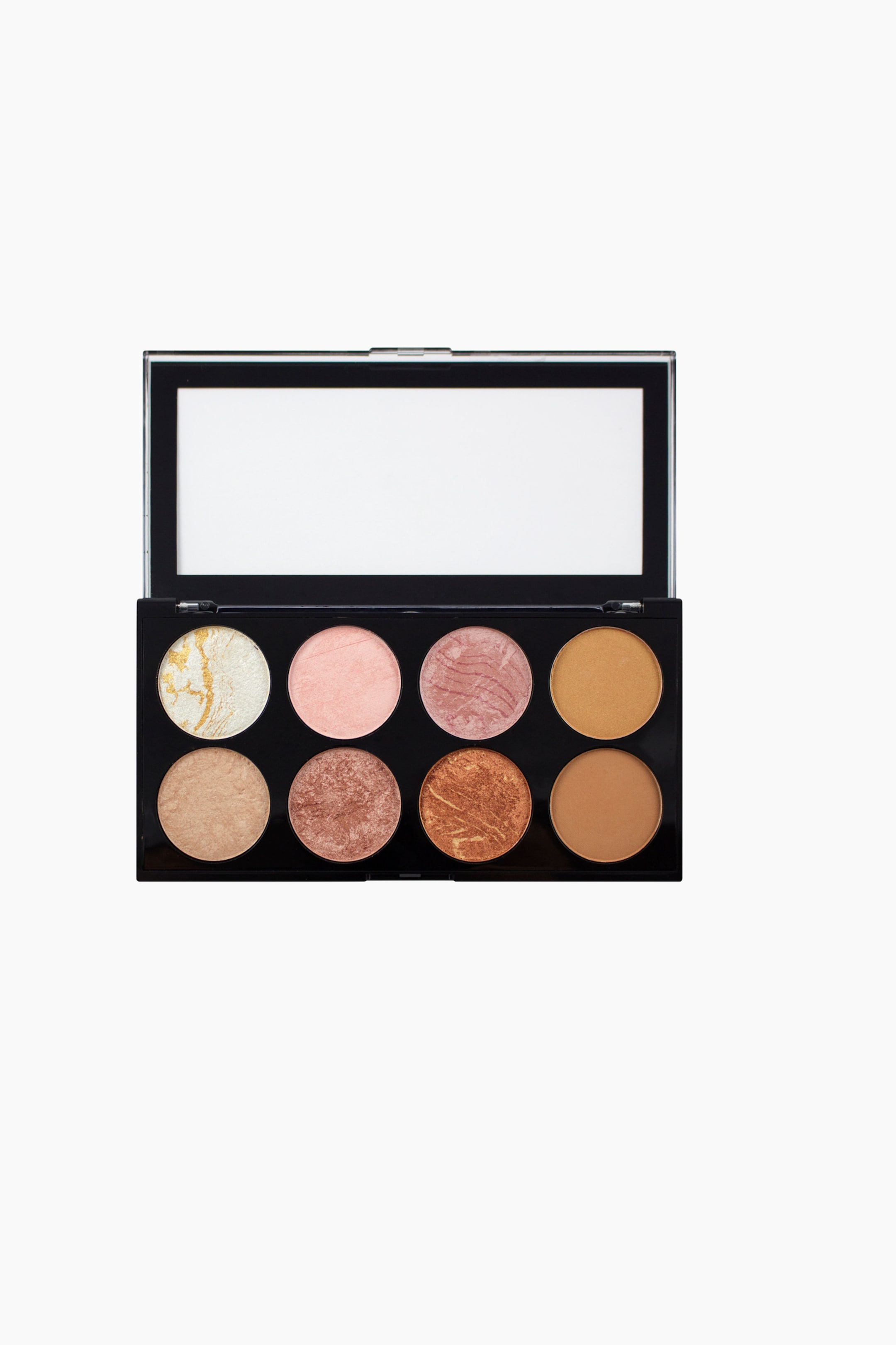 Größeres Bild ansehen: Eine geöffnete Make-up-Palette zeigt acht runde Pudertiegel, die in zwei Reihen zu je vier in einem schwarzen rechteckigen Etui mit transparentem Sichtfenster-Deckel angeordnet sind. Die Puder präsentieren eine Vielfalt an matten, schimmernden und marmorierten Finishes in Champagner-, Rosa-, Gold- und Bronzetönen.