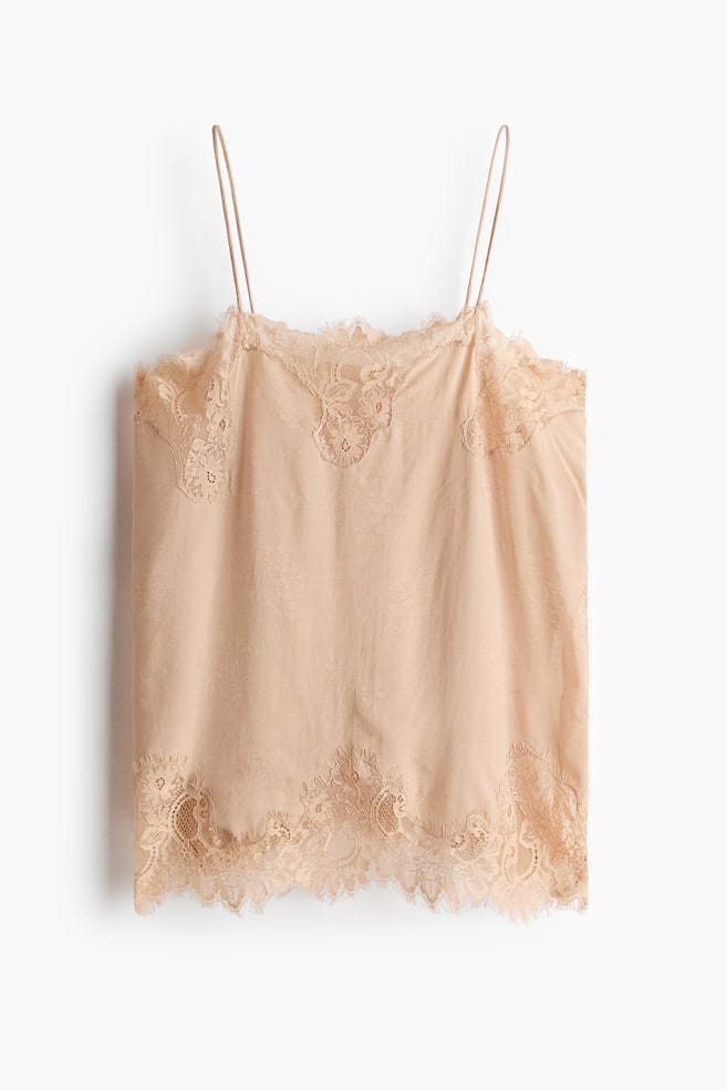 Top en tejido jacquard con ribetes de encaje - Beige/Turquesa claro - 1