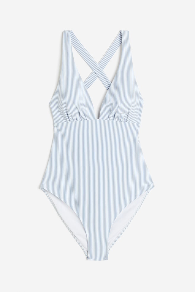 Padded-cup swimsuit - Light blue/Striped/Black - 2
