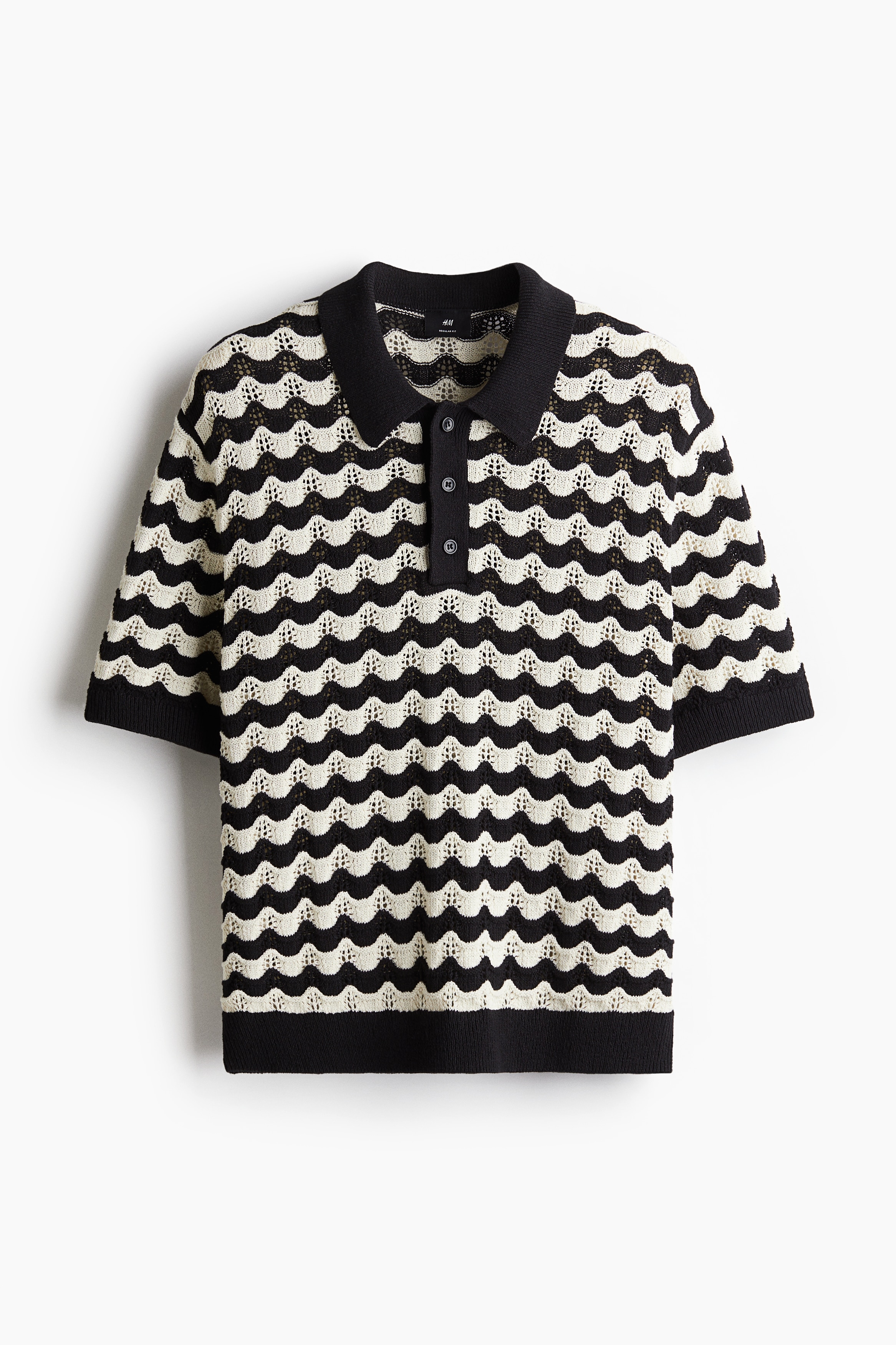 Regular Fit Pointelle-knit polo shirt - Black/Striped/Cream