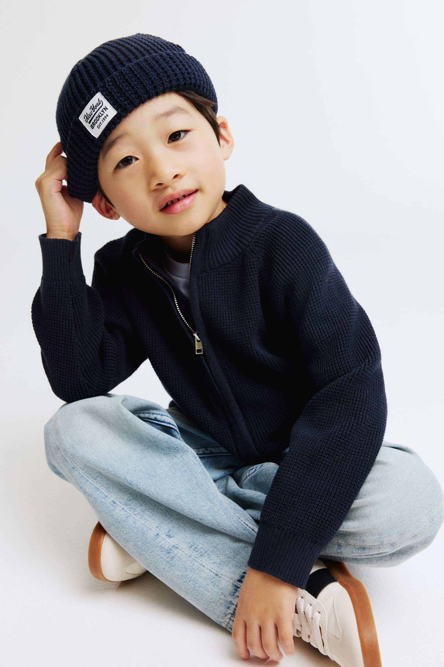 Cotton zip-through cardigan - Navy blue/Khaki green - 4