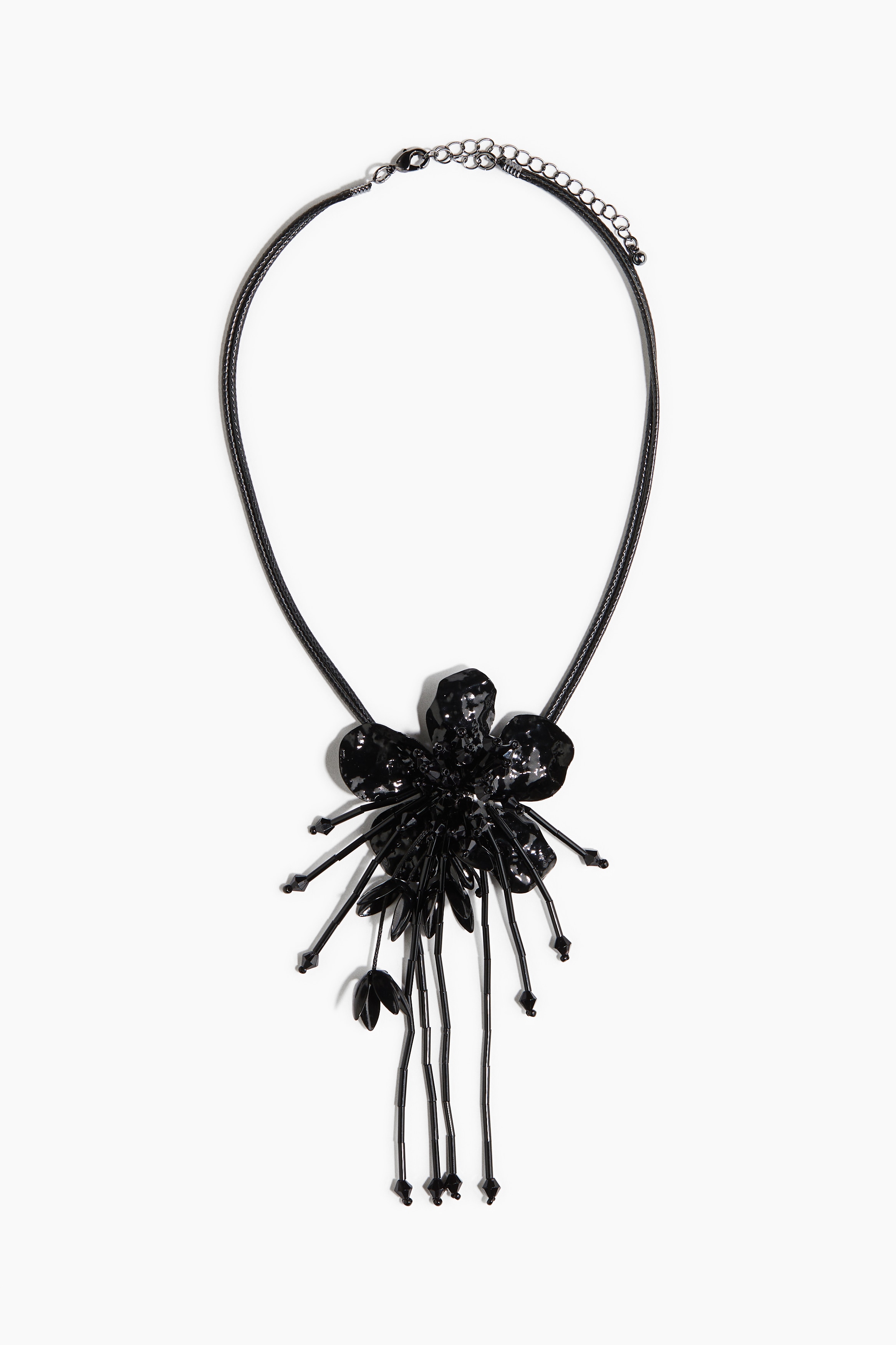 Flower-Detail Cord Necklace - Black