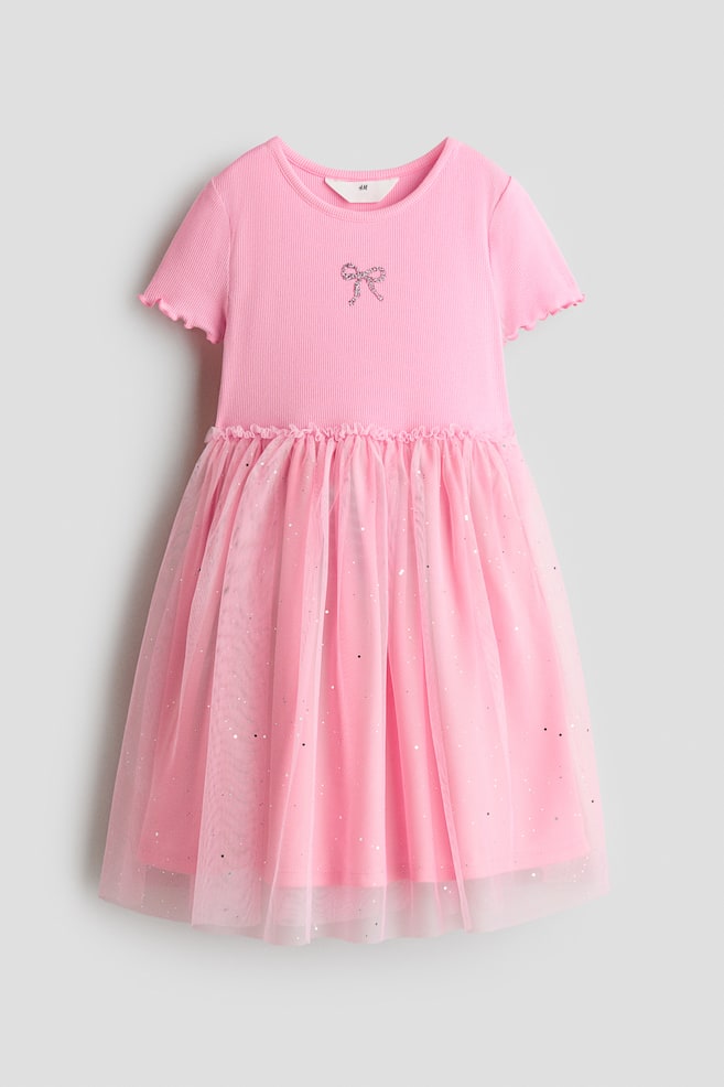 Dress with Tulle Skirt - Pink/bow/Dusty purple/Dusty pink/cherries/Light beige/Light beige/bows/Cream/leopard print/Pink/bows - 1