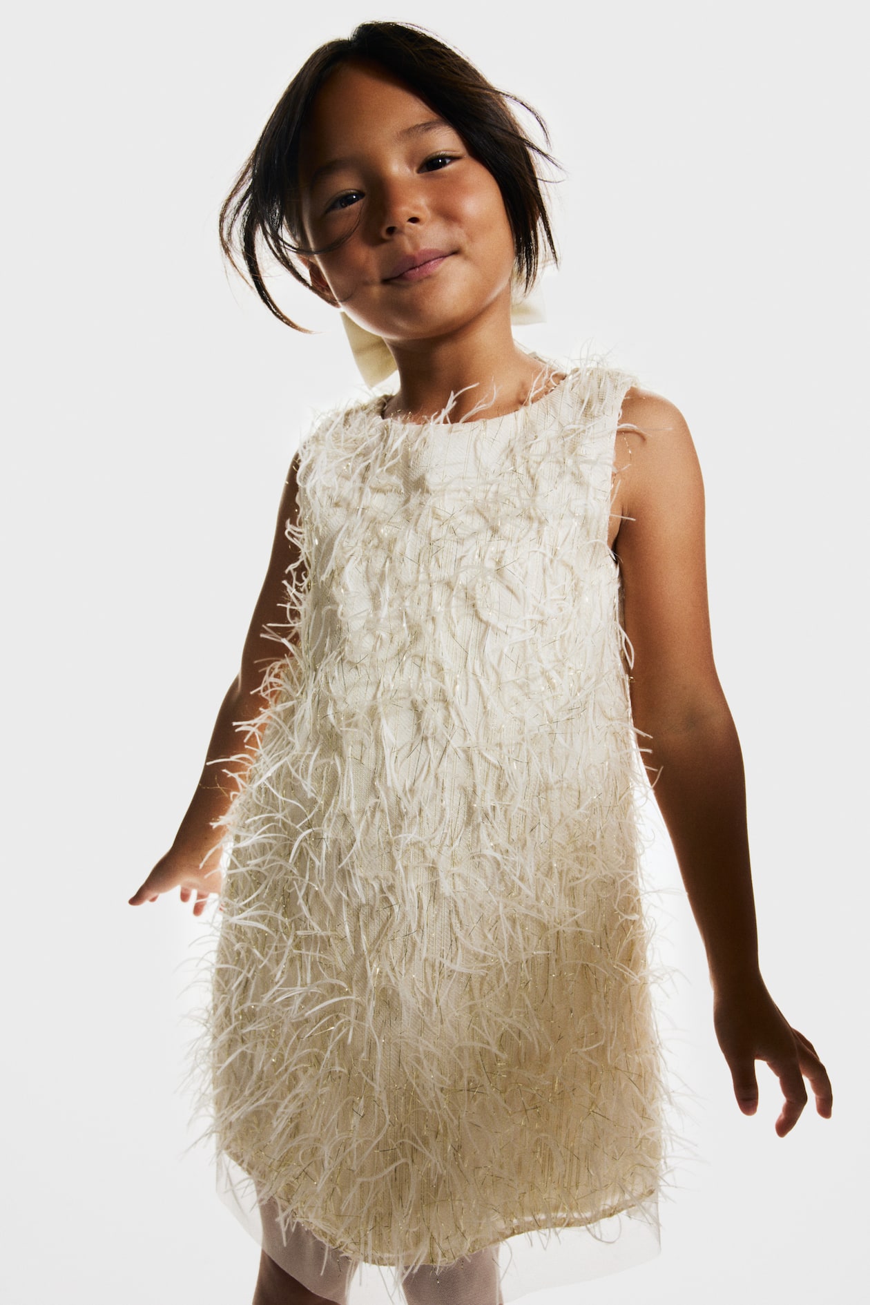 Cream Glittery Fringe Dress for kids