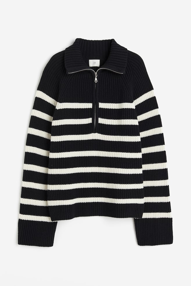 Rib-knit half-zip jumper - Black/Striped - 2