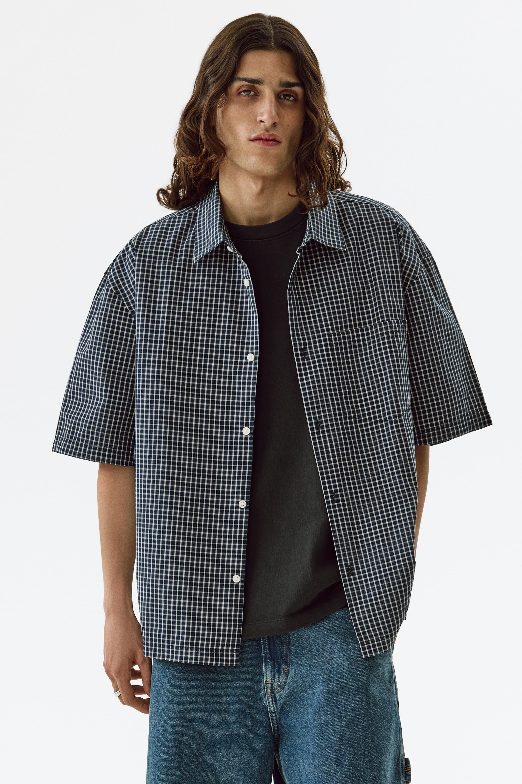 Xem ảnh lớn hơn: Áo sơ mi cotton Relaxed Fit - Màu xanh tím than/Kẻ ca rô - Men | H&M VN 1