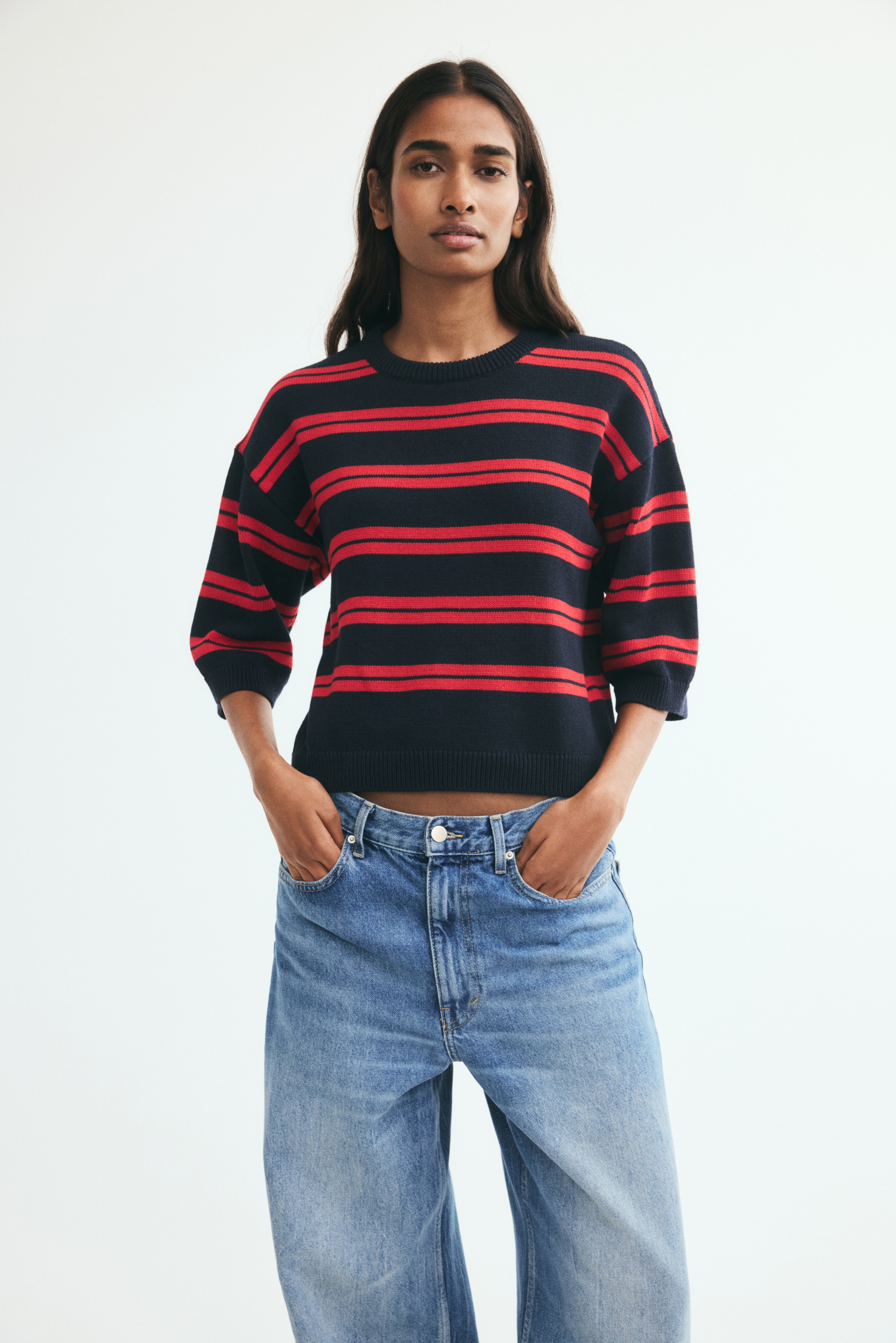 Women's Navy blue/striped Knit T-Shirt | H&M US