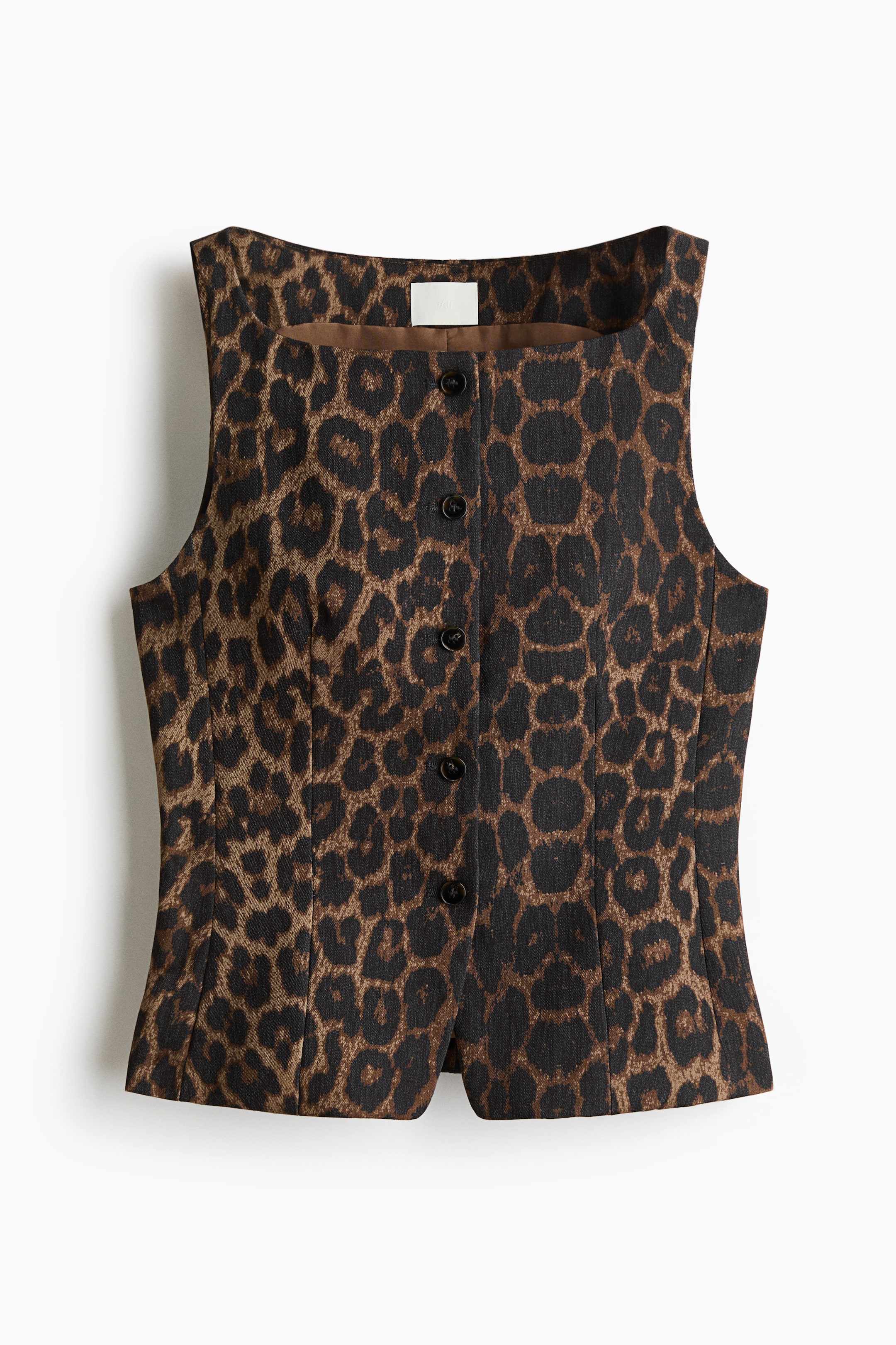 View larger image: A front-facing leopard print vest features a square neckline and a button-front closure with five visible black buttons. It displays a brown lining at the neckline and tailoring seams on the front panels.