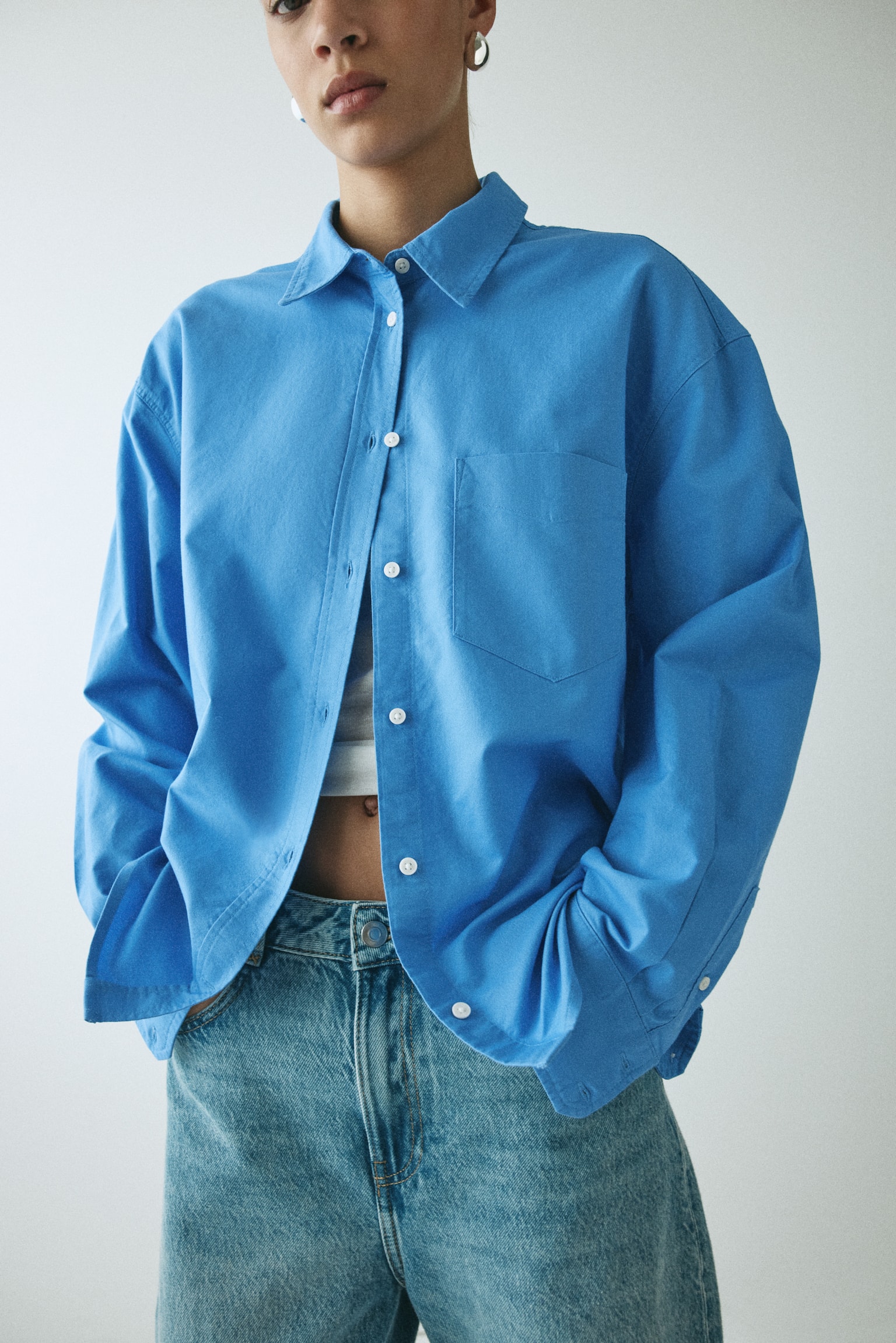Oversized poplin shirt - Blue/Blue/Striped/Light beige/Striped - 5
