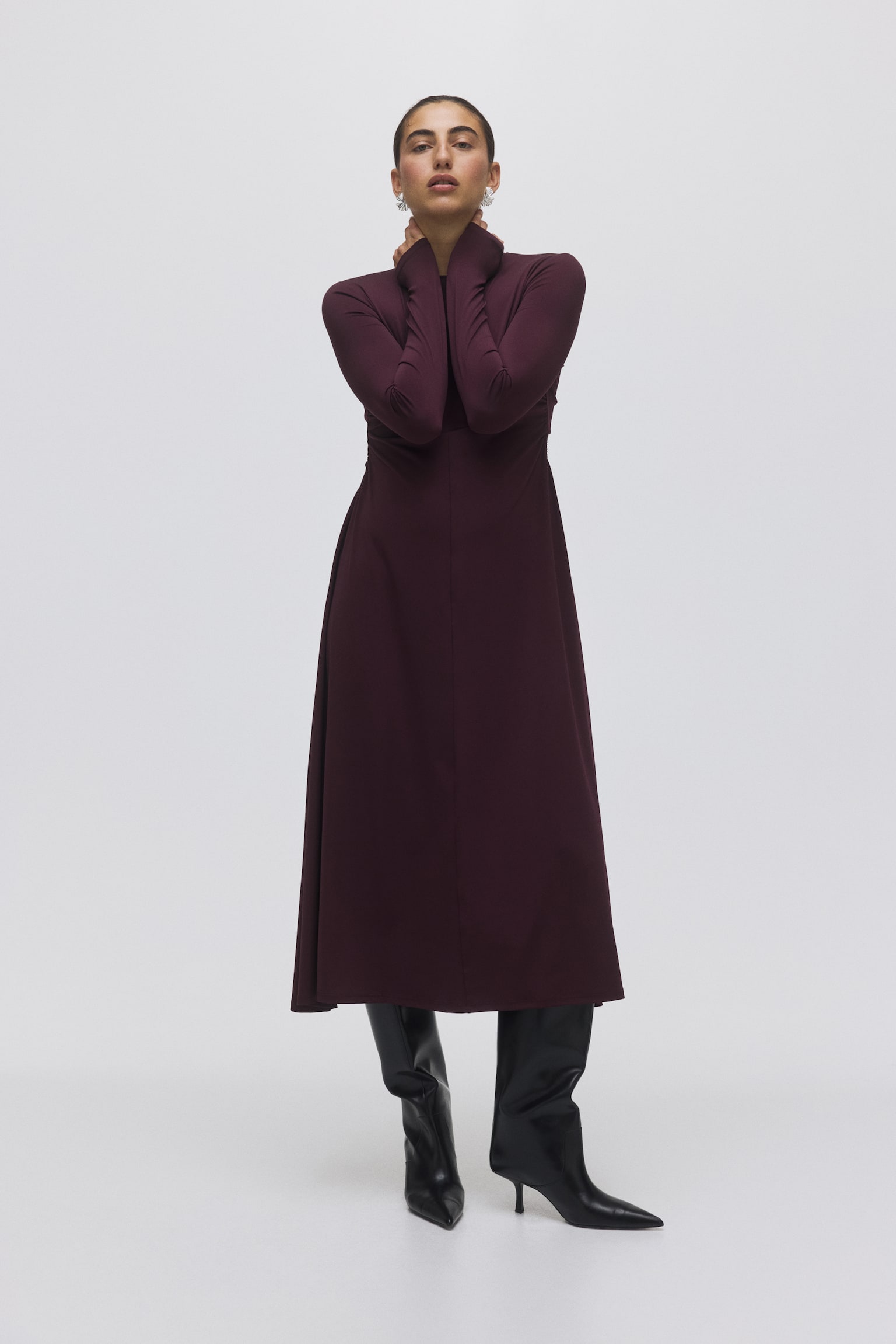 Gathered jersey dress - Burgundy - 5